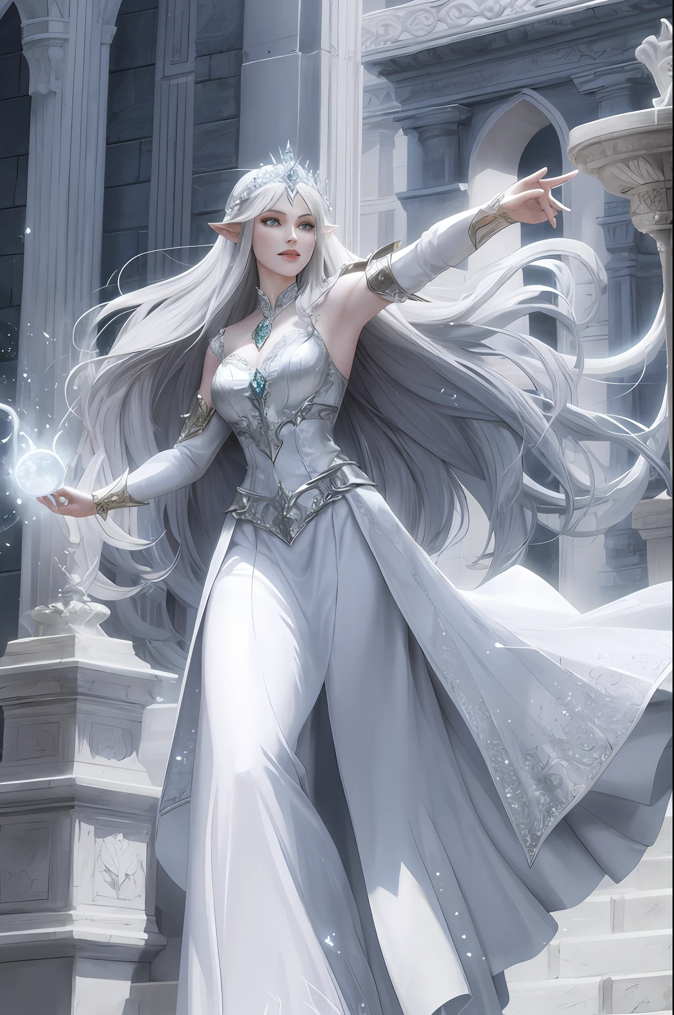 full body portrait of beautiful warcraft elf queen(Galadriel, white and silver attire, stern), dynamic pose, spell casting, dark fantasy, dark castle, fog.