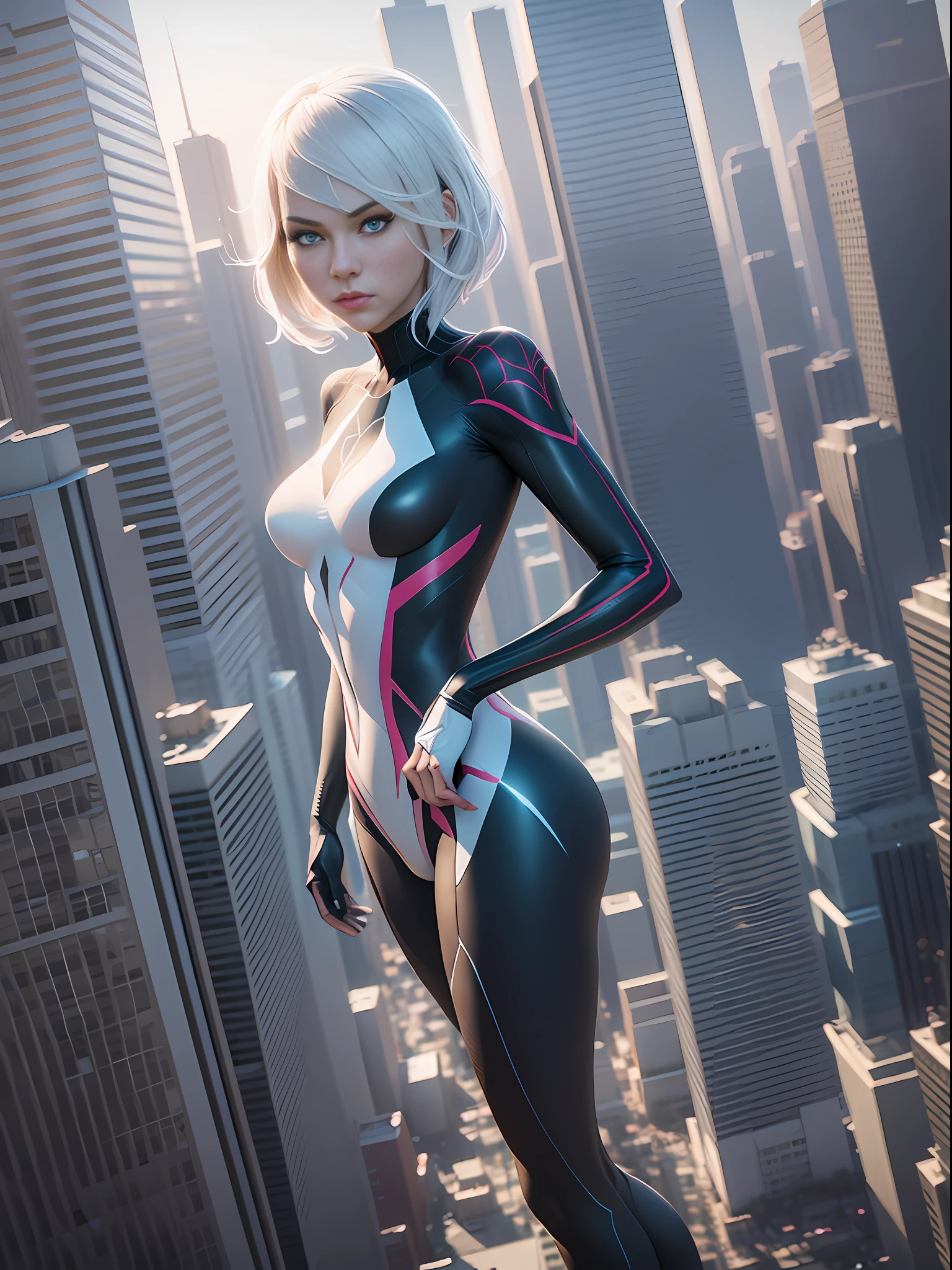 Spider Gwen standing on the edge of a tall building at dawn, her vibrant blue eyes reflecting a sense of contemplation and determination, while the first rays of sunlight illuminate her, creating a warm and ethereal atmosphere, surrounded by a futuristic cityscape with sleek architecture and holographic billboards, rendering her suit and the environment in a realistic yet slightly stylized manner, CGI rendering, using high-quality 3D modeling software