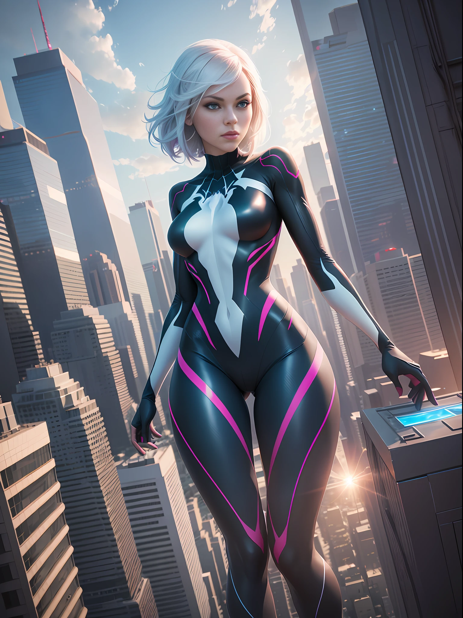 Spider Gwen standing on the edge of a tall building at dawn, her vibrant blue eyes reflecting a sense of contemplation and determination, while the first rays of sunlight illuminate her, creating a warm and ethereal atmosphere, surrounded by a futuristic cityscape with sleek architecture and holographic billboards, rendering her suit and the environment in a realistic yet slightly stylized manner, CGI rendering, using high-quality 3D modeling software