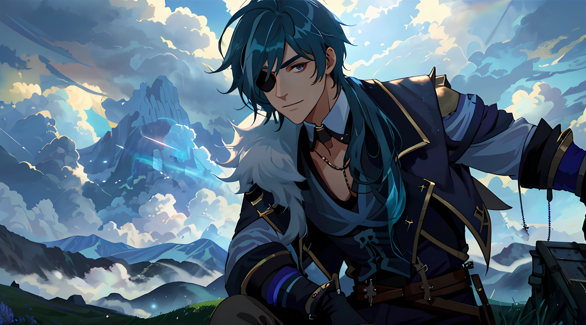 1male, kaeya, blue hair, eyepatch on right eye, expansive landscape photograph , (a view from below that shows sky above and open field below), a man standing on flower field looking up, bright sunny day (clouds:1.2), distant mountain, tree BREAK
production art, intricate details, volumetric lighting, realism BREAK
(masterpiece:1.2), detailed shadows, (best quality), 4k, ultra-detailed, (dynamic composition:1.4), highly detailed, colorful details,( iridescent colors:1.2), (glowing lighting, atmospheric lighting), dreamy, magical, (solo:1.2)