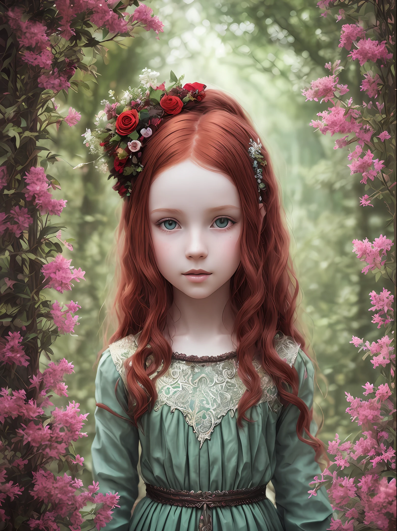 portrait of red haired child girl 3 years old, (magic forest background), pale skin, delicate and pretty detailed face, long and curly dark red hair, detailed and realistic bright green eyes, fairy and flowers, wild flowers blending into hair, medieval red elegant dress, full body, hyperdetailed painting, luminism, Bar lighting, complex, 4k resolution concept art portrait by Greg Rutkowski, fractal isometrics details bioluminescens : a stunning realistic photograph