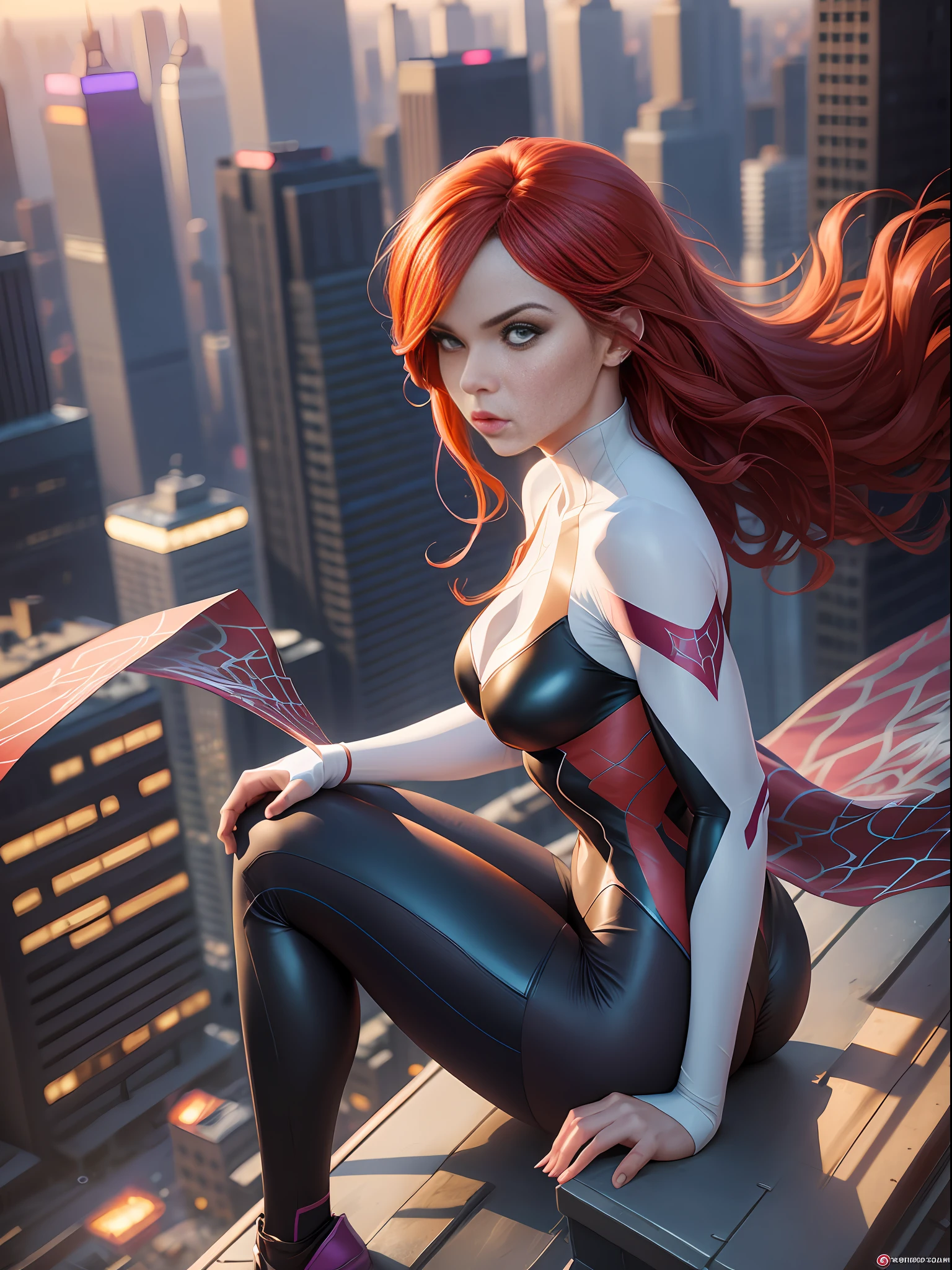 Spider Gwen perched on a rooftop overlooking the city, her vibrant red hair flowing in the wind, as she gazes into the distance with a determined expression, showcasing her strength and determination, while the setting sun casts a warm glow on the urban landscape below, Realistic photographic style, using a telephoto lens (e.g., 200mm), capturing the intricate details of her costume and facial features