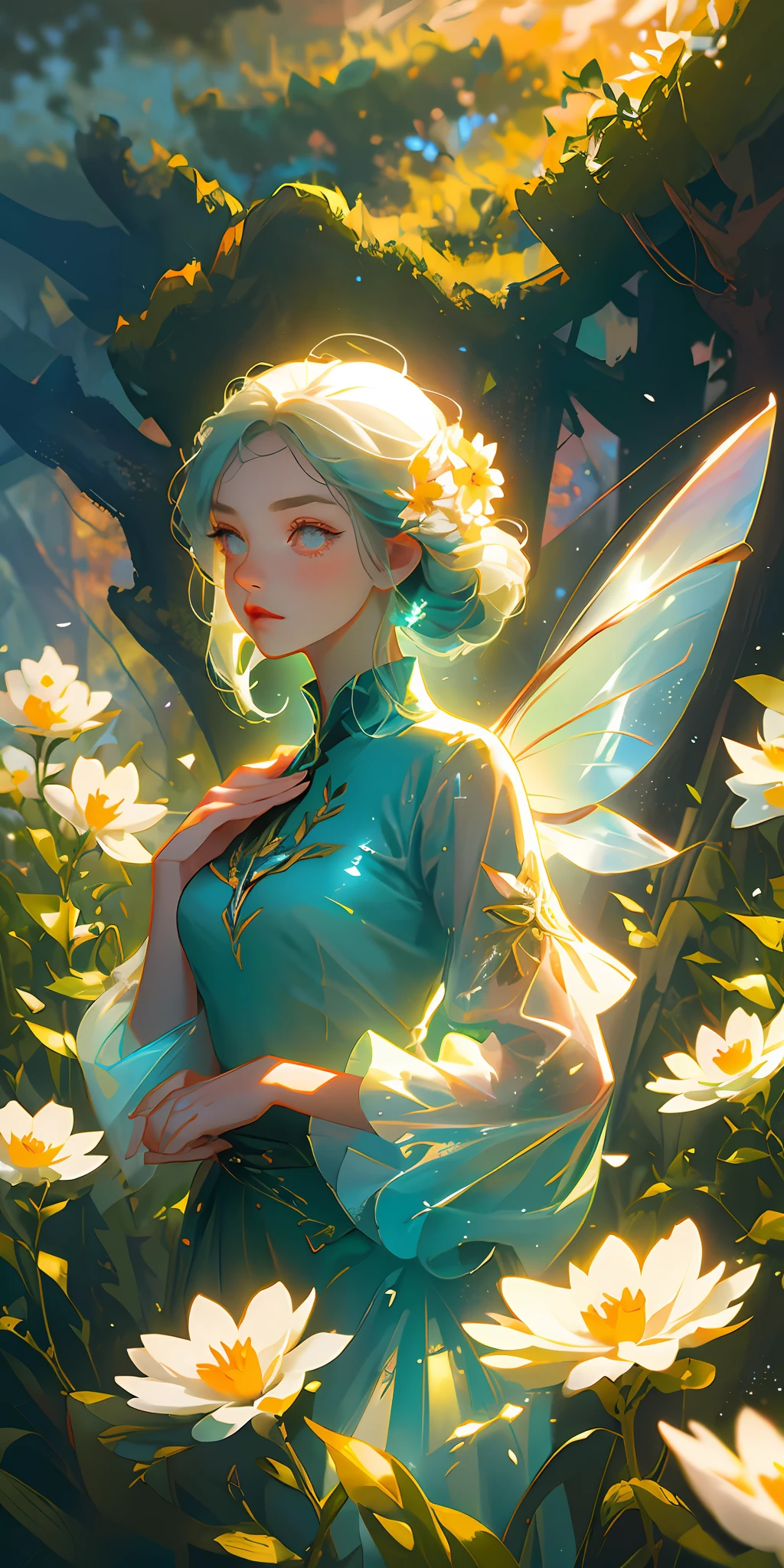 (Best Quality, Masterpiece), 1girl, Pose, Particle, Wind, Flower, Upper Body, Simple Background, Looking at the Viewer, Flower Fairy, Wings, Forest