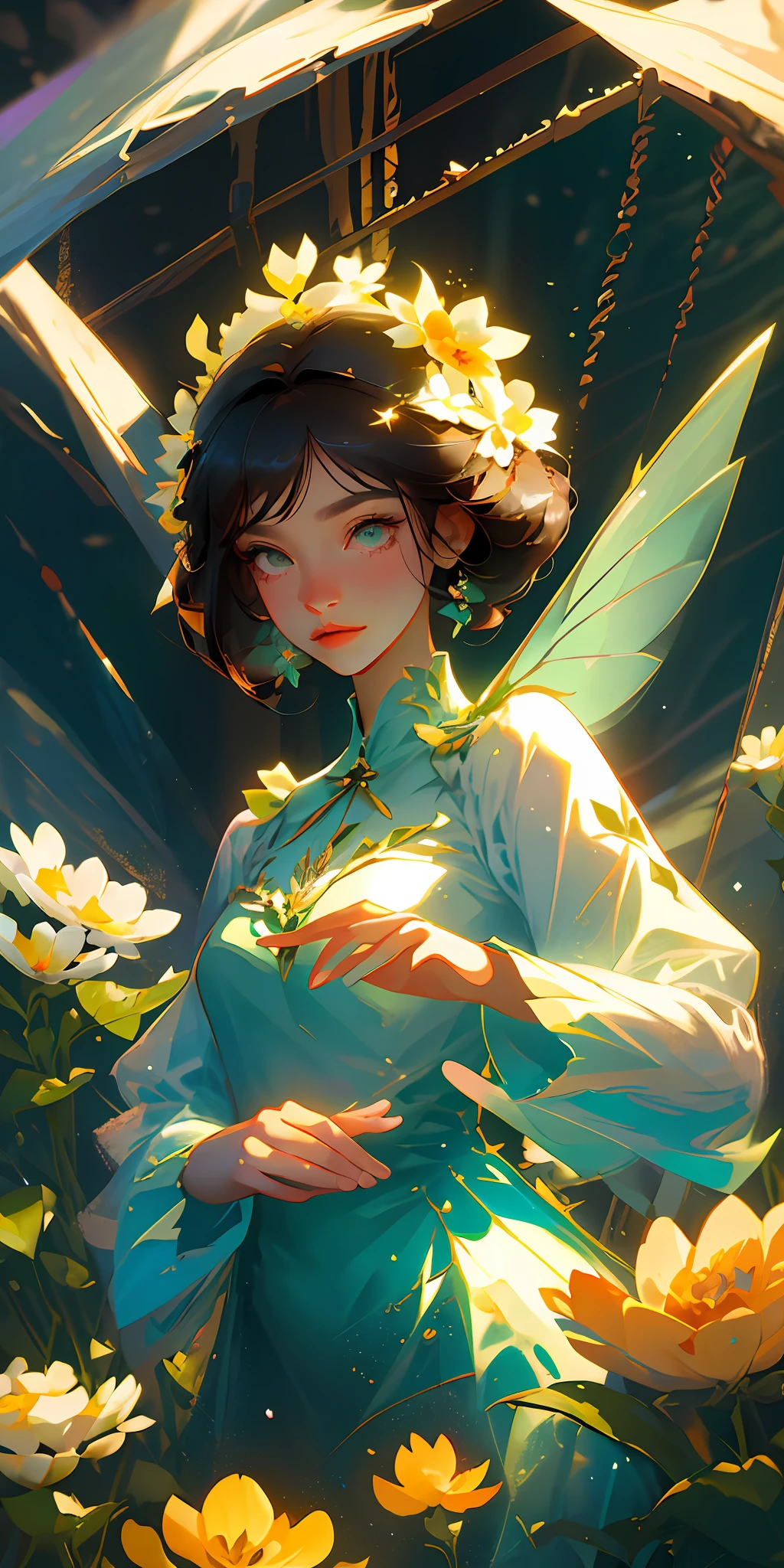 (Best Quality, Masterpiece), 1girl, Pose, Particle, Wind, Flower, Upper Body, Simple Background, Looking at the Viewer, Flower Fairy, Wings, Forest