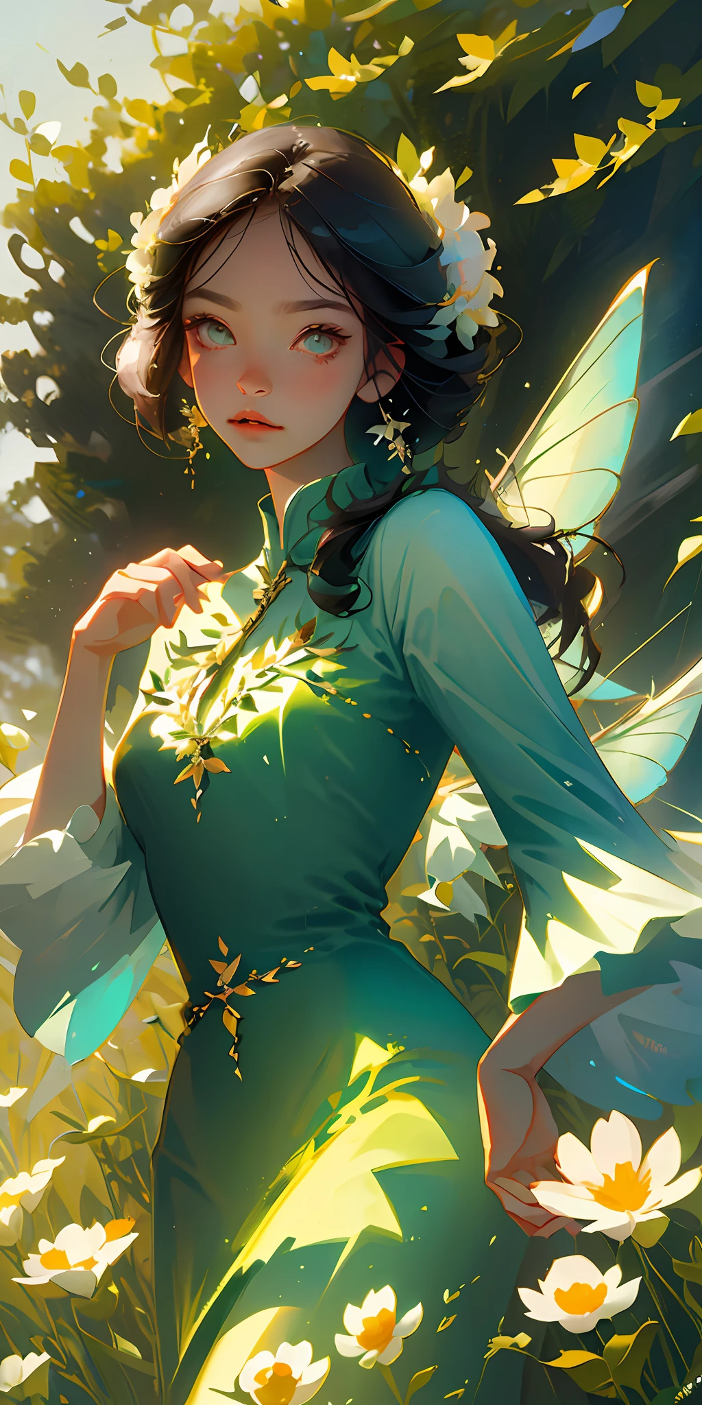(Best Quality, Masterpiece), 1girl, Pose, Particle, Wind, Flower, Upper Body, Simple Background, Looking at the Viewer, Flower Fairy, Wings, Forest