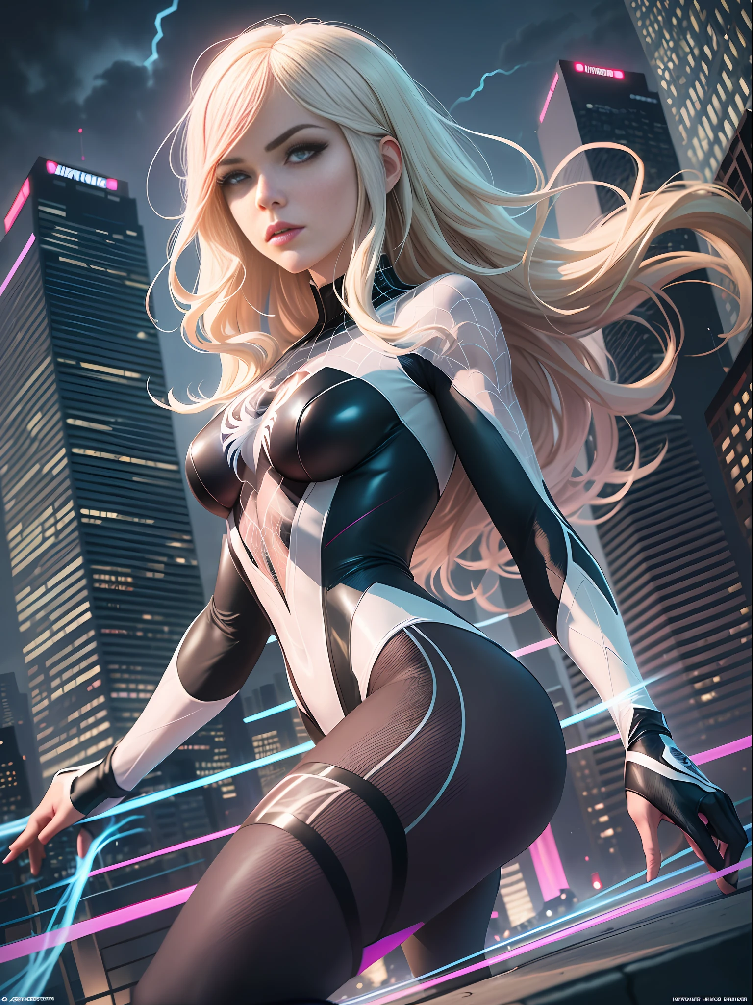 High-quality illustration of Spidergwen in a dynamic pose, wearing her iconic black and white costume with intricate spider web designs. She has sharp, blue and white eyes and long, flowing blonde hair that glimmers in the sunlight. In the background, a city skyline illuminates the dark skies, creating a dramatic and intense atmosphere. The focus is on Spidergwen herself, with a mid-angle shot that captures her in all her superhero glory.