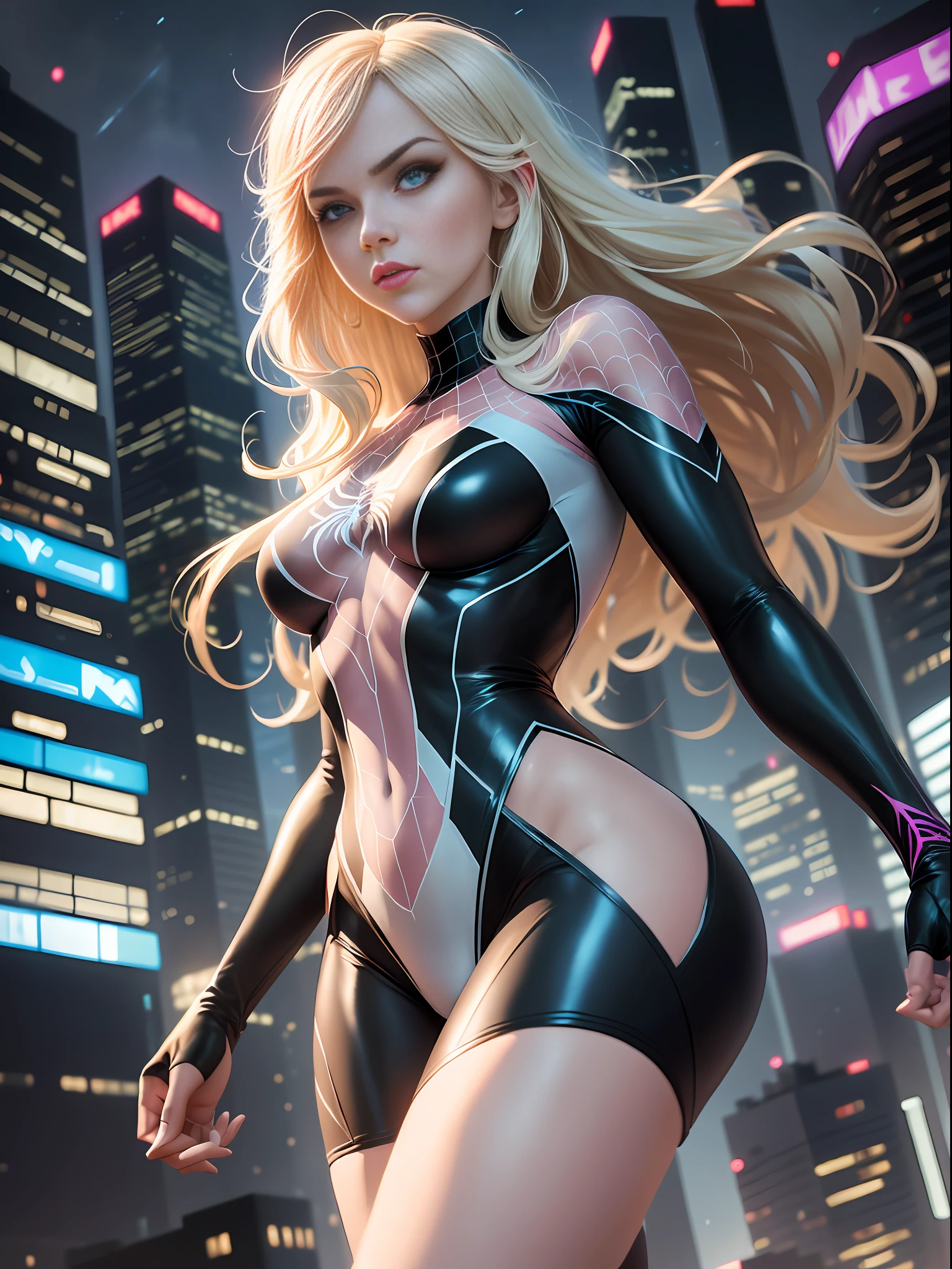 High-quality illustration of Spidergwen in a dynamic pose, wearing her iconic black and white costume with intricate spider web designs. She has sharp, blue and white eyes and long, flowing blonde hair that glimmers in the sunlight. In the background, a city skyline illuminates the dark skies, creating a dramatic and intense atmosphere. The focus is on Spidergwen herself, with a mid-angle shot that captures her in all her superhero glory.