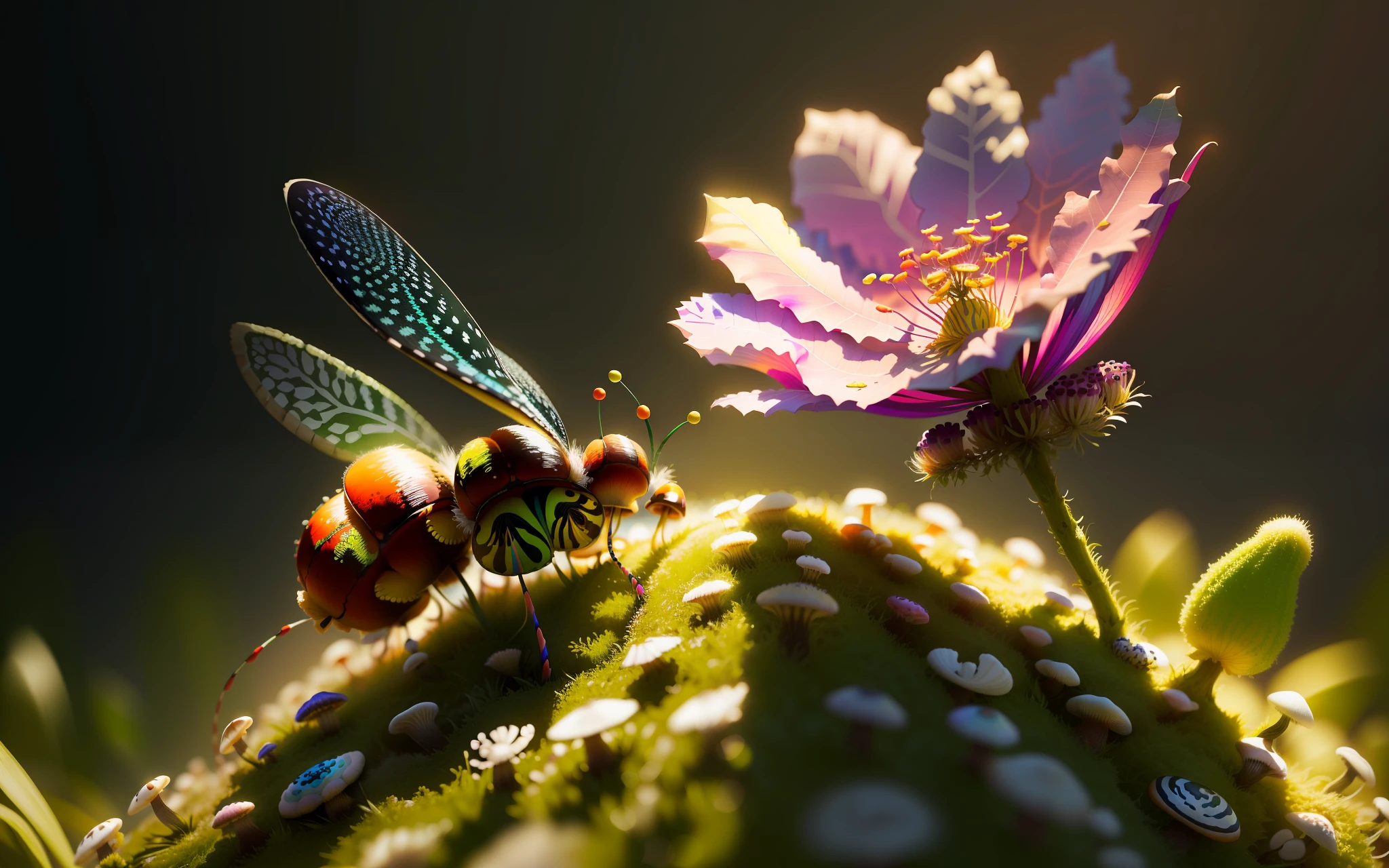 fuzzy psychedelic caterpillar sitting on a mushroom