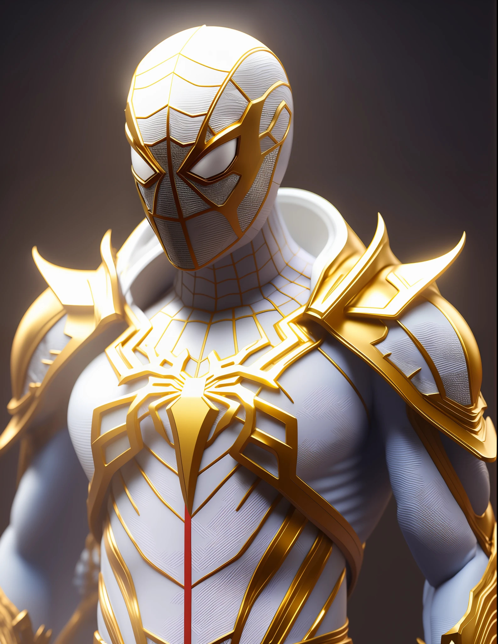 a close up of a statue of a man with a gold and white costume, super detailed render, 3 d render character art 8 k, intricate white and gold armor, full samurai armor spiderman, high detail iconic character, 8k render”, octane render ”, octane render”, super detailed octane render, super rendered in octane render, hyper detailed 3 d render, futuristic style spiderman