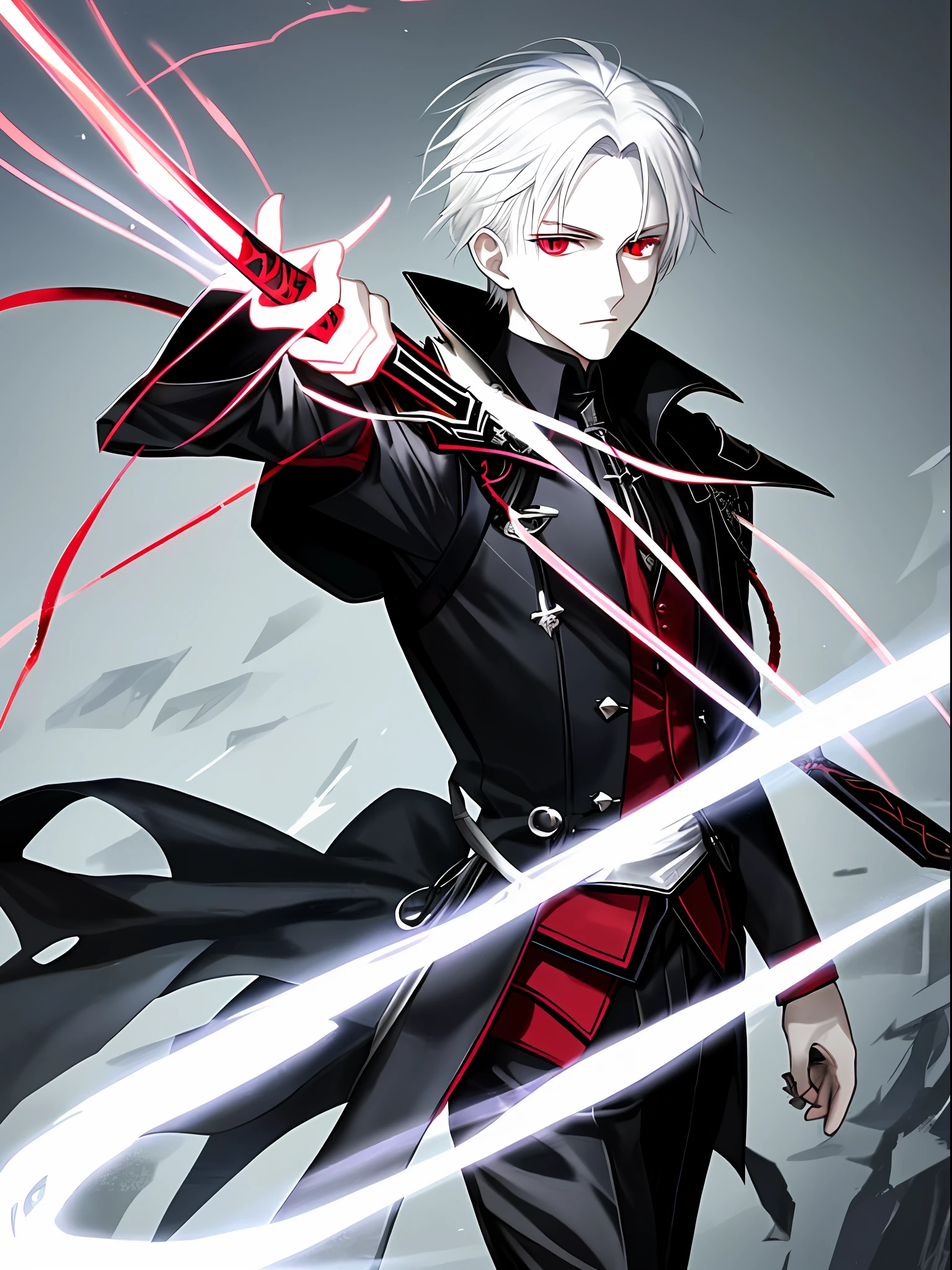 A young man with straight white hair, red eyes and pale skin, dressed in dark clothes, holding a black sword over corpses