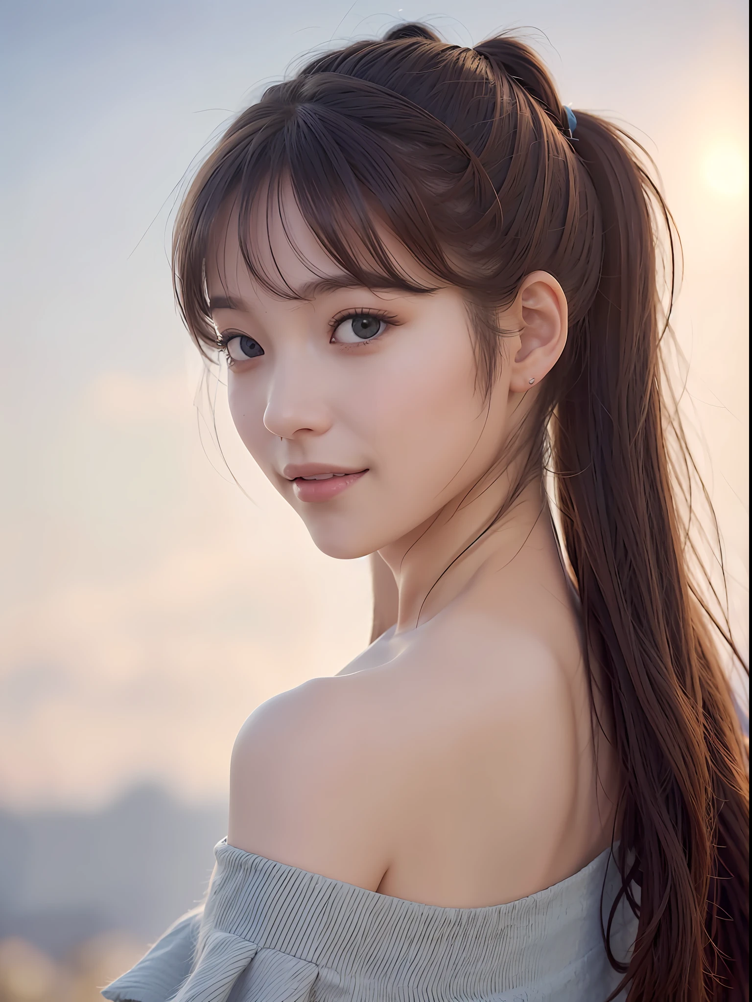 portrait of a girl, floating hair, wind, cloud, sunlight, ponytail, light smile, school uniform, cinematic light, (bangs:1.2), looking at viewers, fantasy background, (bare shoulder:1.2),