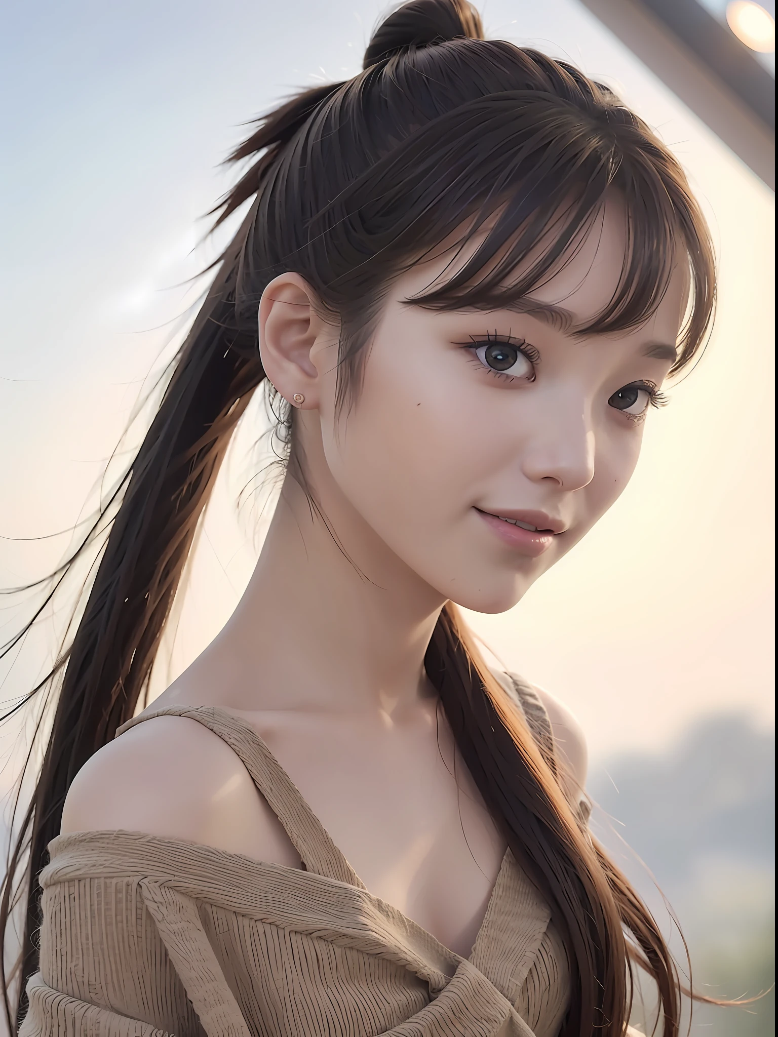 portrait of a girl, floating hair, wind, cloud, sunlight, ponytail, light smile, school uniform, cinematic light, (bangs:1.2), looking at viewers, fantasy background, (bare shoulder:1.2),