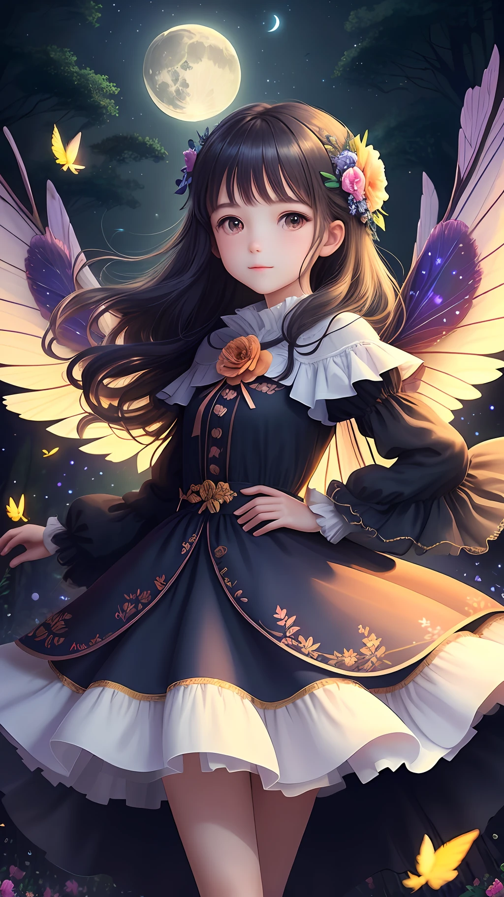 (Best Quality, Masterpiece), 1girl, Pose, Particle, Wind, Flower, Upper Body, Simple Background, Looking at the Viewer, Fairy Flower, Wings, Forest, Night, Moon Light