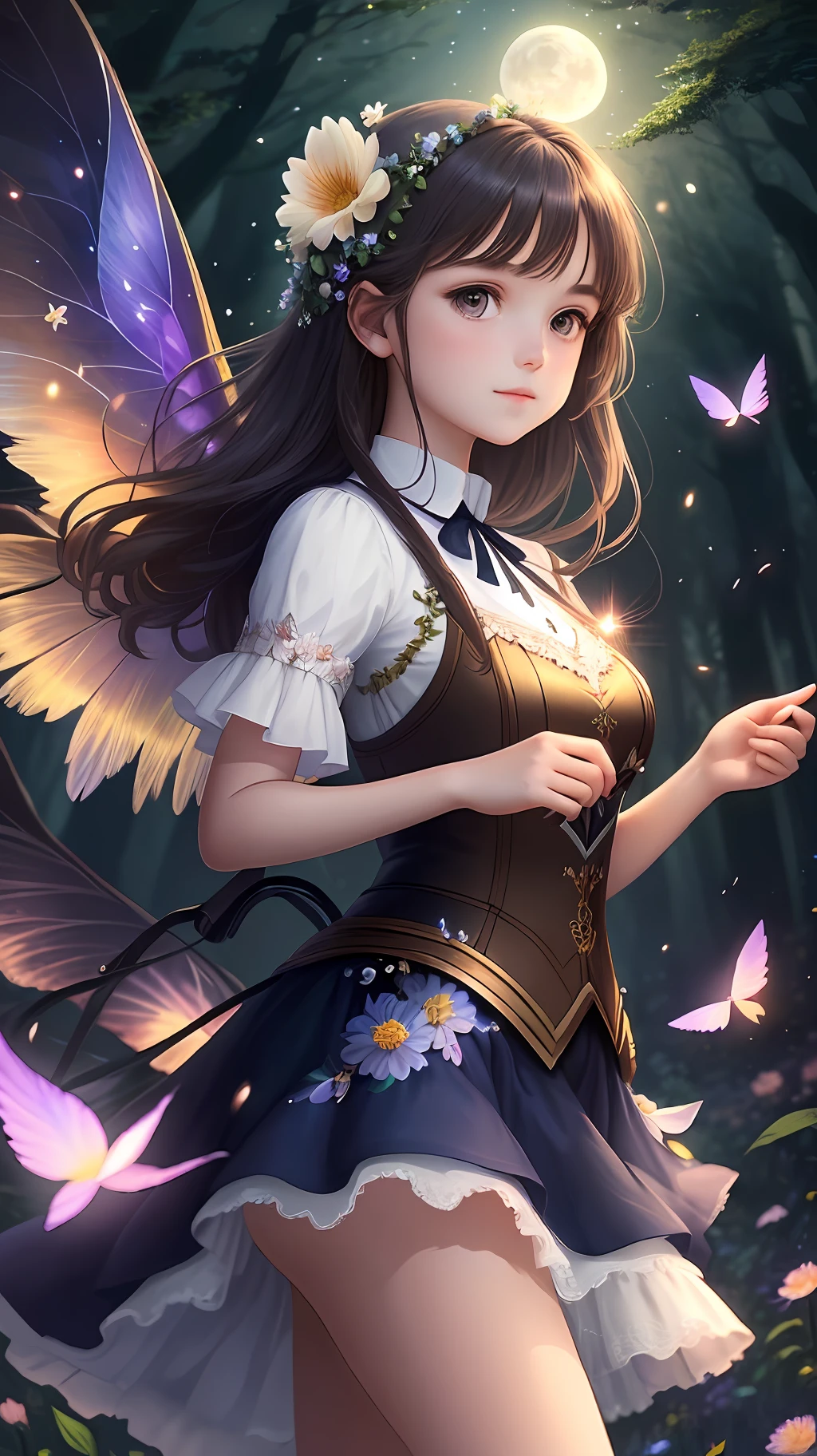(Best Quality, Masterpiece), 1girl, Pose, Particle, Wind, Flower, Upper Body, Simple Background, Looking at the Viewer, Fairy Flower, Wings, Forest, Night, Moon Light