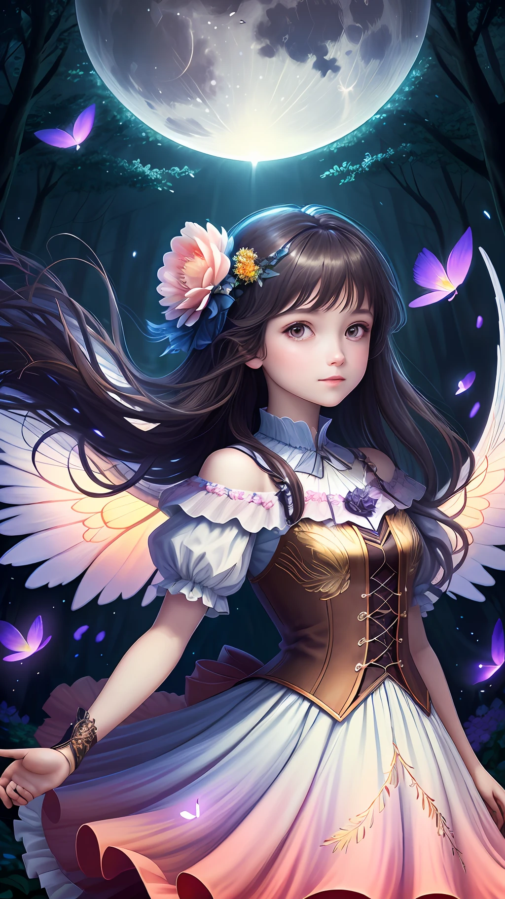 (Best Quality, Masterpiece), 1girl, Pose, Particle, Wind, Flower, Upper Body, Simple Background, Looking at the Viewer, Fairy Flower, Wings, Forest, Night, Moon Light