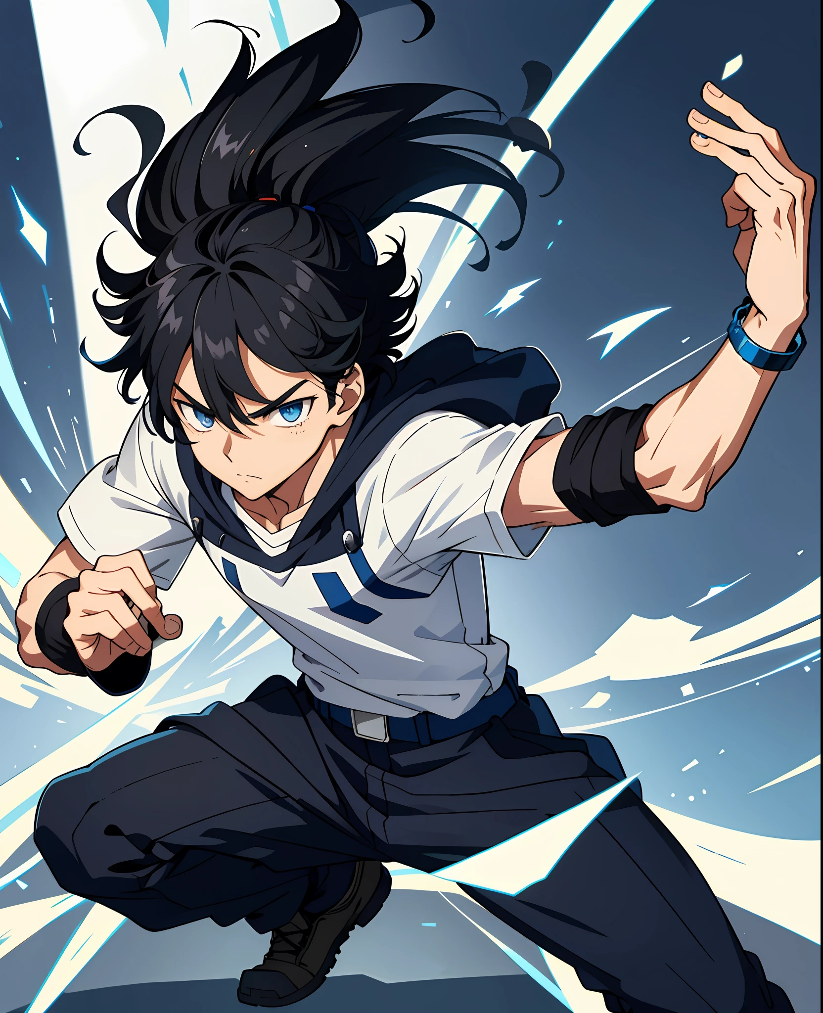 character from Boku no Hero, 17 years old, black hair styled back, blue eyes, athletic build, serious expression, wearing U.A. High School uniform with a bracelet showcasing his Quirk, reserved, intelligent, and determined personality, hailing from a humble background, driven by a desire to protect others.