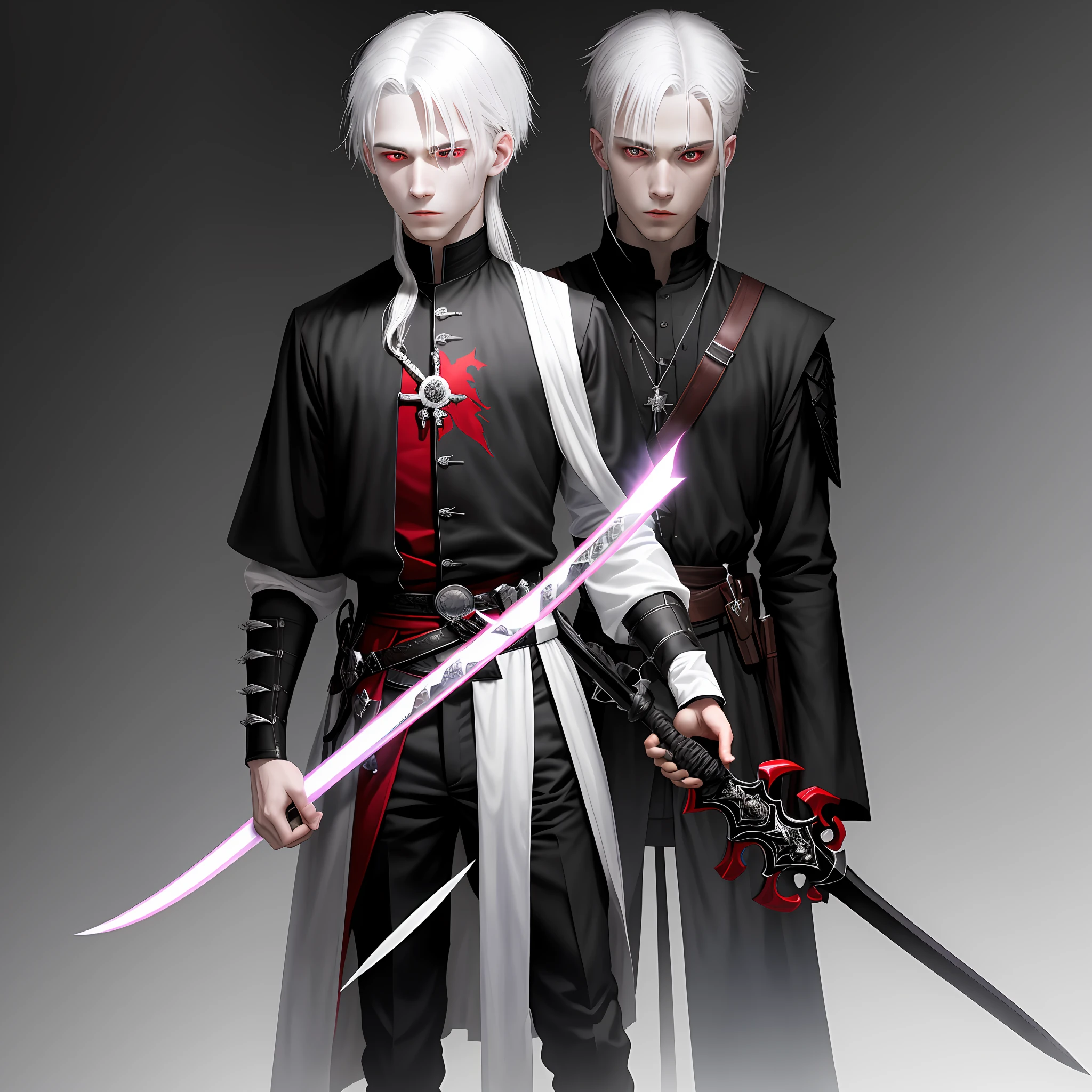 A young man with straight white hair, red eyes and pale skin, dressed in dark clothes, holding a black sword over corpses
