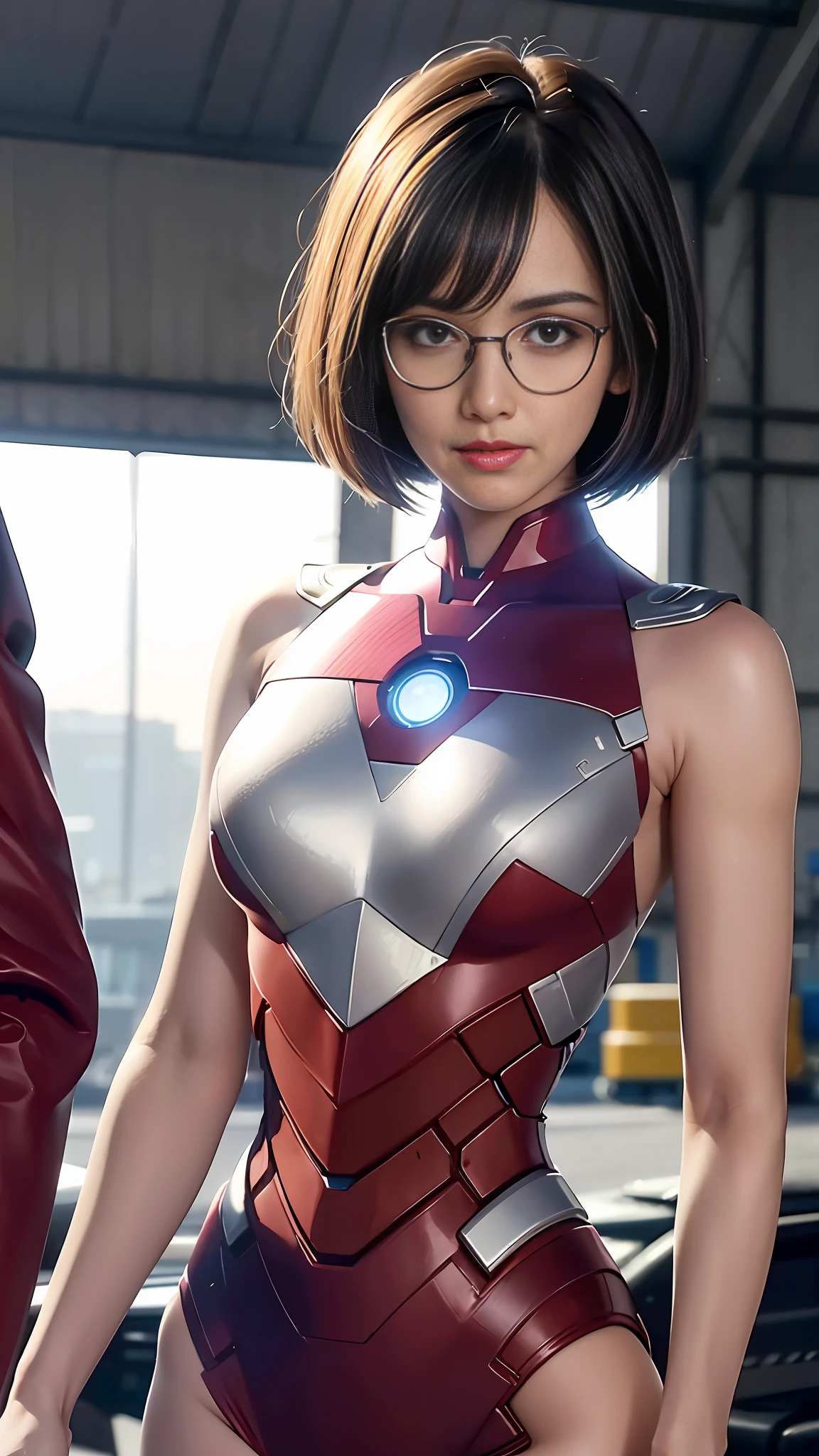 pretty woman, 1girl with glasses, short hair, bob haircut, wearing futuristic Iron man mech, dynamic pose, warehouse background, RAW, Masterpiece, Ultra Fine Photo,, Best Quality, Ultra High Resolution, Photorealistic, detailed face, high detailed skin, realistic skin details, high quality, 8k uhd, dslr camera, wallpaper