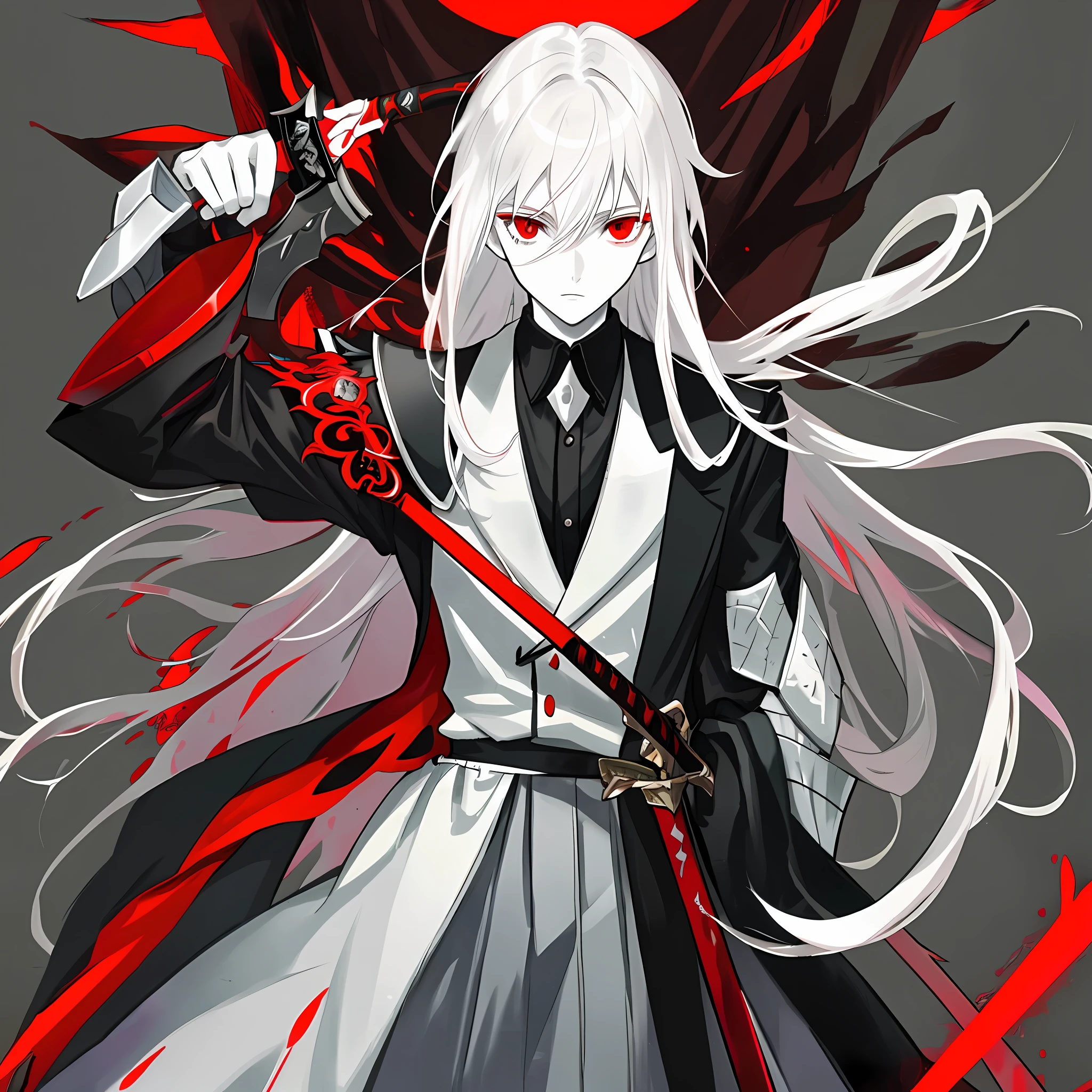 A young man with straight white hair, red eyes and pale skin, dressed in dark clothes, holding a black sword over corpses