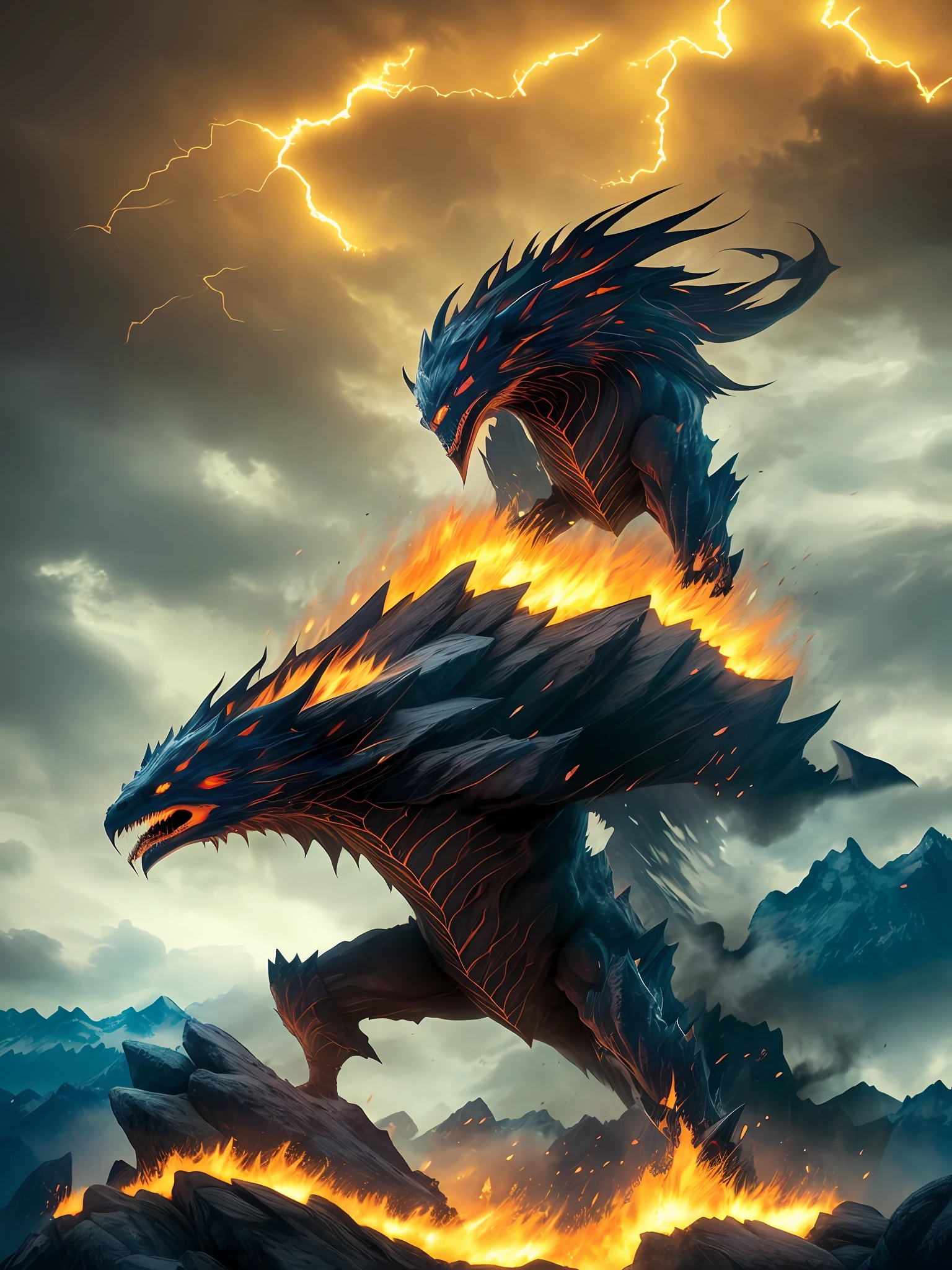 : Create a striking image of Agschen, the hostile spirit that inhabits the Cordillera de Chaltén. He is represented as a powerful and imposing entity. Its form is composed of intense flames and mysterious shadows, shrouded in dense mist. Agschen attacks with raging winds, flashing lightning and earthquakes, preventing the mountain from being climbed. His weakness lies in the possibility of being temporarily exorcised, although it is difficult to identify his true spiritual nature. When creating the image, be sure to portray Agschen by avoiding the repetitive use of the same weather effects to impede the advancement of the characters. In addition, climatic effects should not present overt supernatural characteristics. If the characters resist the trials imposed by Agschen, he will give up and allow the journey to continue."