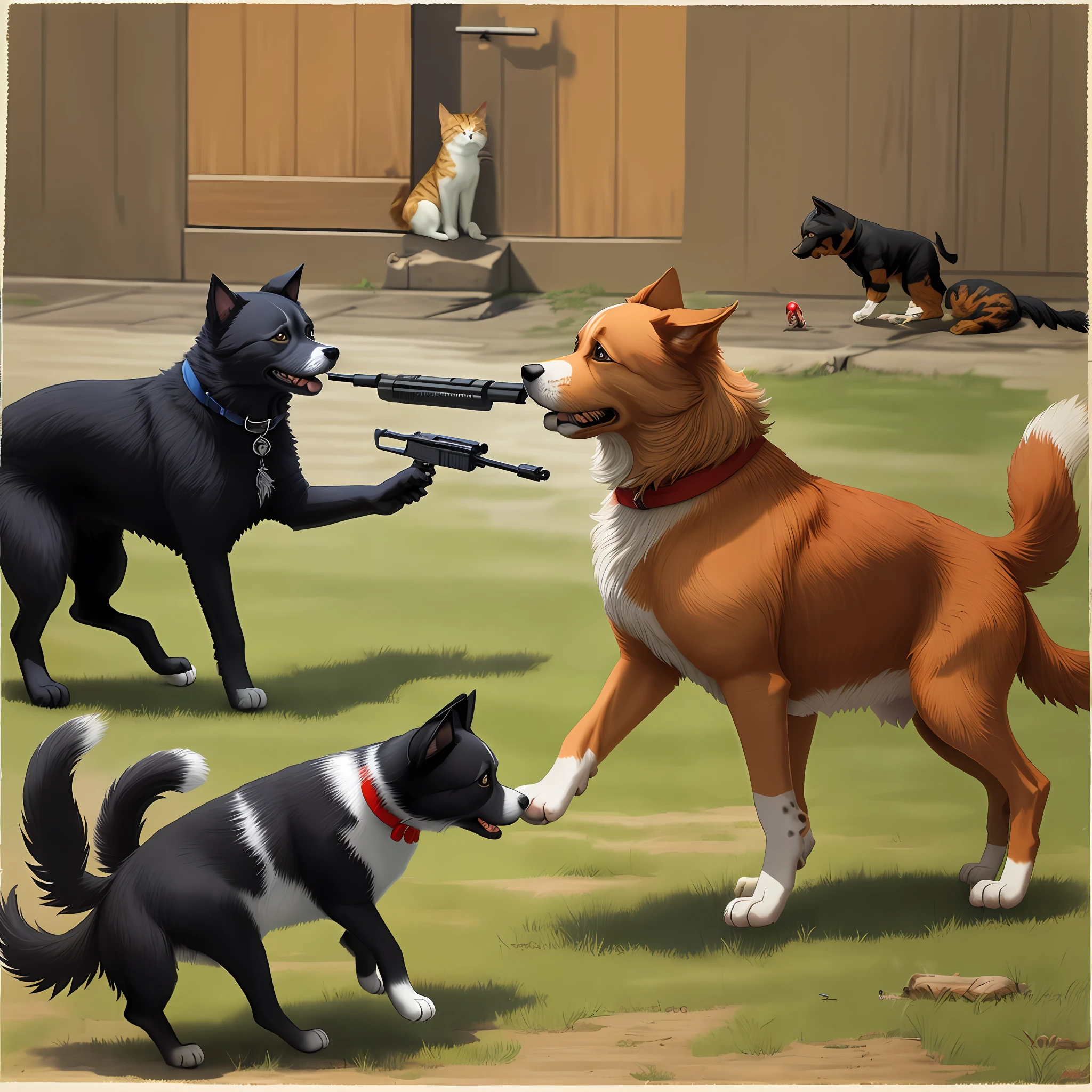 Dog and cat exchanging gunfire
