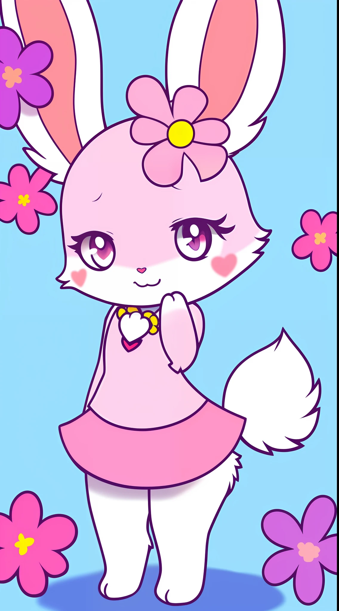 "((1girl)),(solo),((cute:1.2)|(kawaii:1.3)|(chibi:1.4)),(bunny:1.2),(background:floral),(background:twilight),(color:flat),(subject:jewelpet),(pose:sexy)" amitie