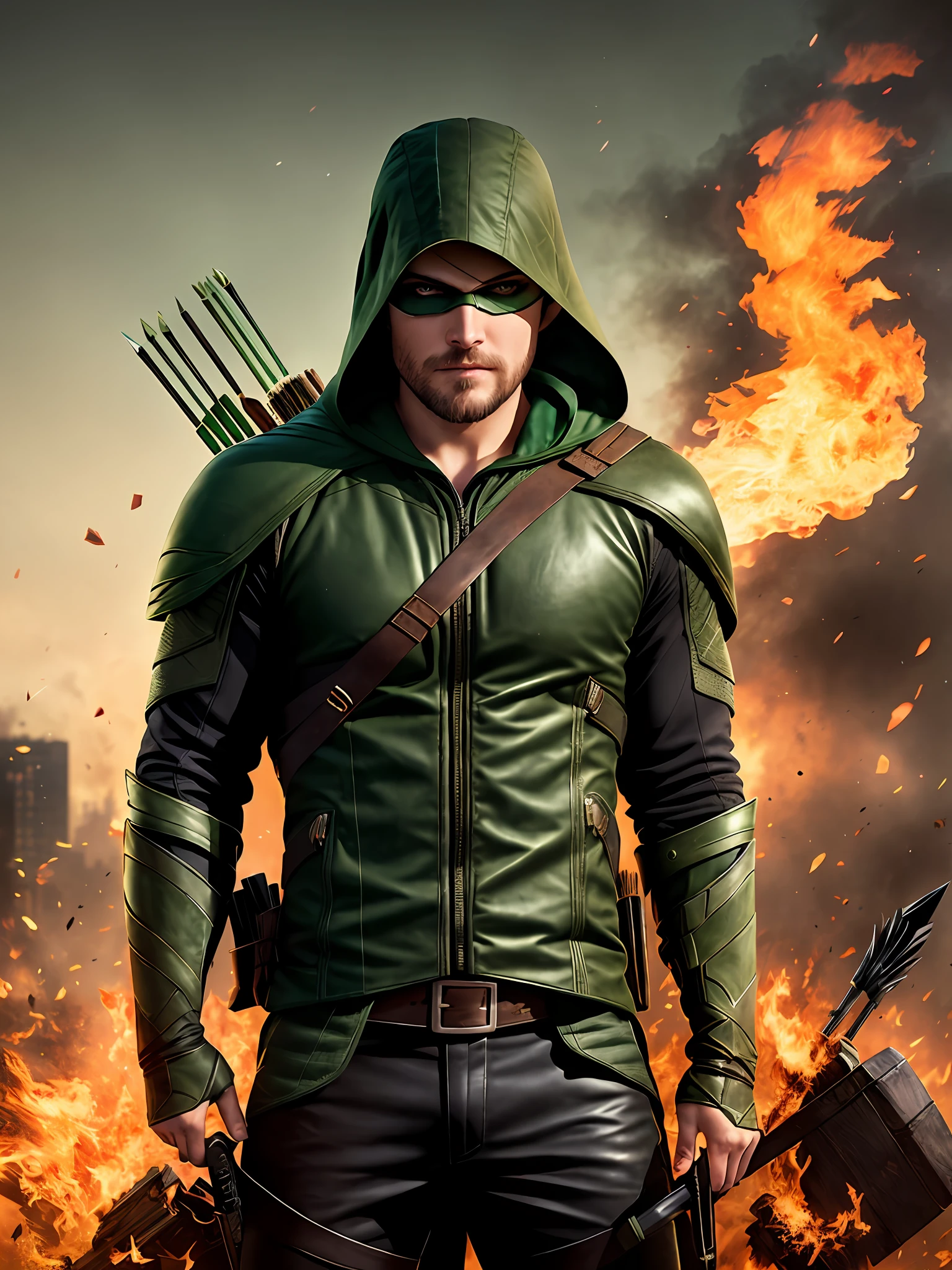 A portrait of actor Stephen Amell, (Green Arrow) .as Geralt of Rivia at night, his face illuminated by the light of a full moon, he has a beard, he is standing, (masterpiece:1.1), best quality, ultra high detail, (by antoine blanchard and casey baugh:1.1), (by zdzislaw beksinski:0.8), extremely intricate, extreme detail, raytracing, reflections, beautiful lighting, (hard lighting:1.1), (High saturation clarity contrast, deep levels, sharp, retouched, color grade: 1.1), soft, cinematic lighting, (heavy contrast: 1.2), sharp focus, burning, (breathing fire), (explosion)