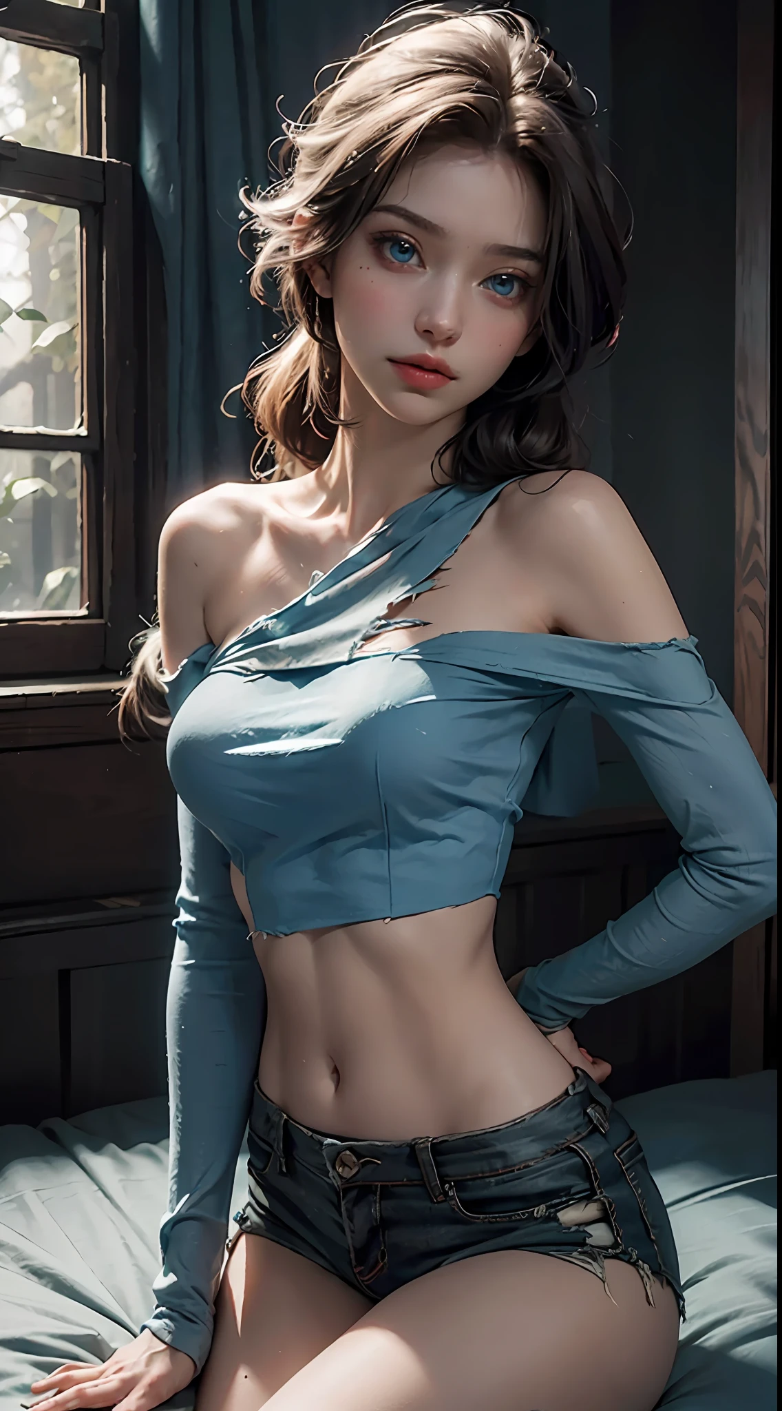 (Elsa from Frozen), Best quality, masterpiece, ultra high res, (photorealistic:1.4), raw photo, 1girl, off shoulder, cinematic lighting, pale skin, bright blue eyes, sexy, bare shoulders, bare mid riff, soft abs, (Norwegian descent), Small breasts, thicc thighs, wide hips, short shorts, low cut crop top, indoors, on a bed, (Torn Clothes:1.2)