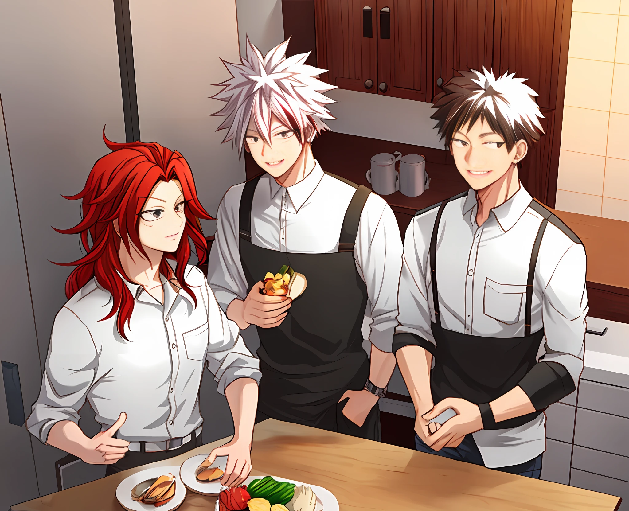 1man, Tall, My Hero Academia art style. Multicolored Hair (Red Hair, White Hair), Kitchen Background