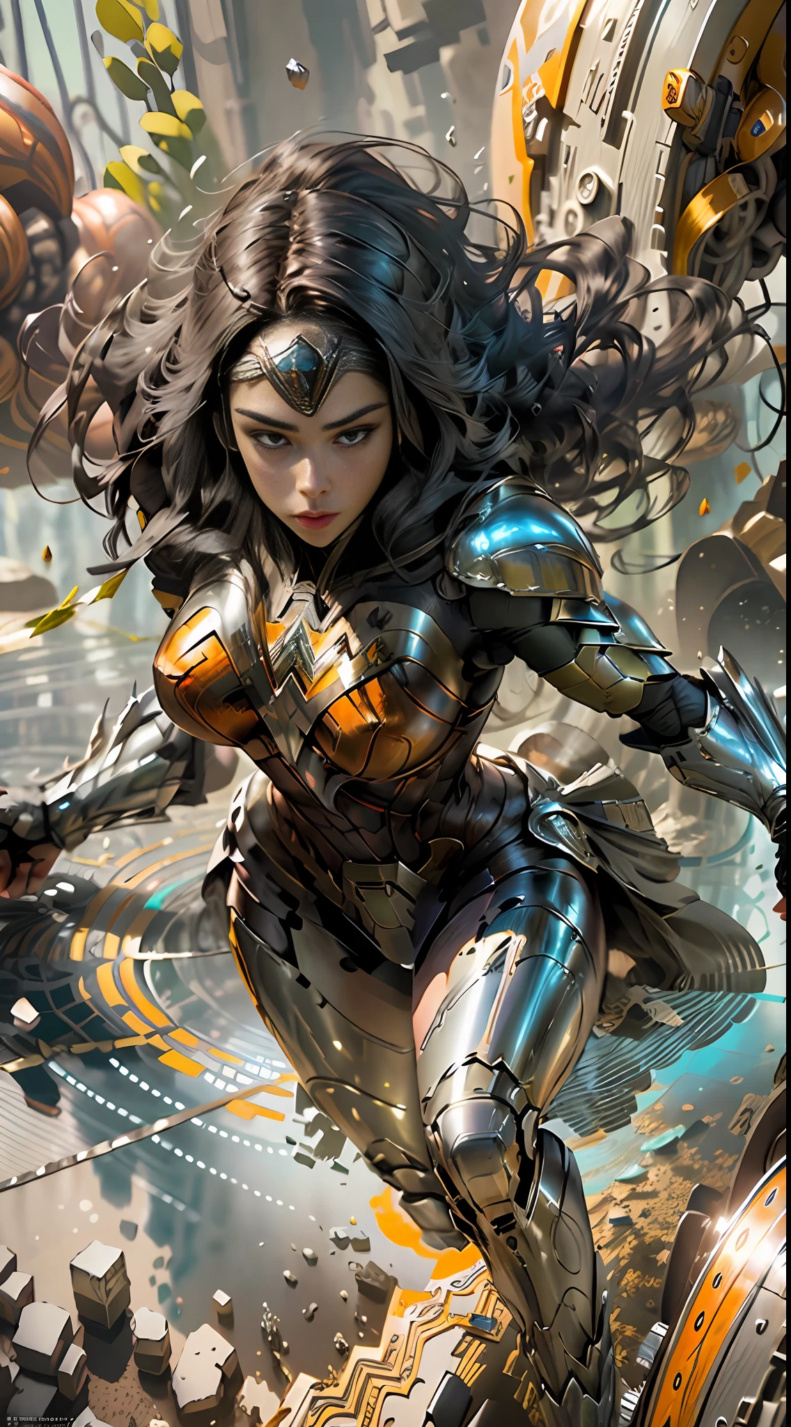 raw, cinematic, realistic, amazing, absurdly detailed, reflective and bright armor, super detailed environment, ultrasharp, particles, vivid colors, (1Wonder Woman), voluminous and floating hair