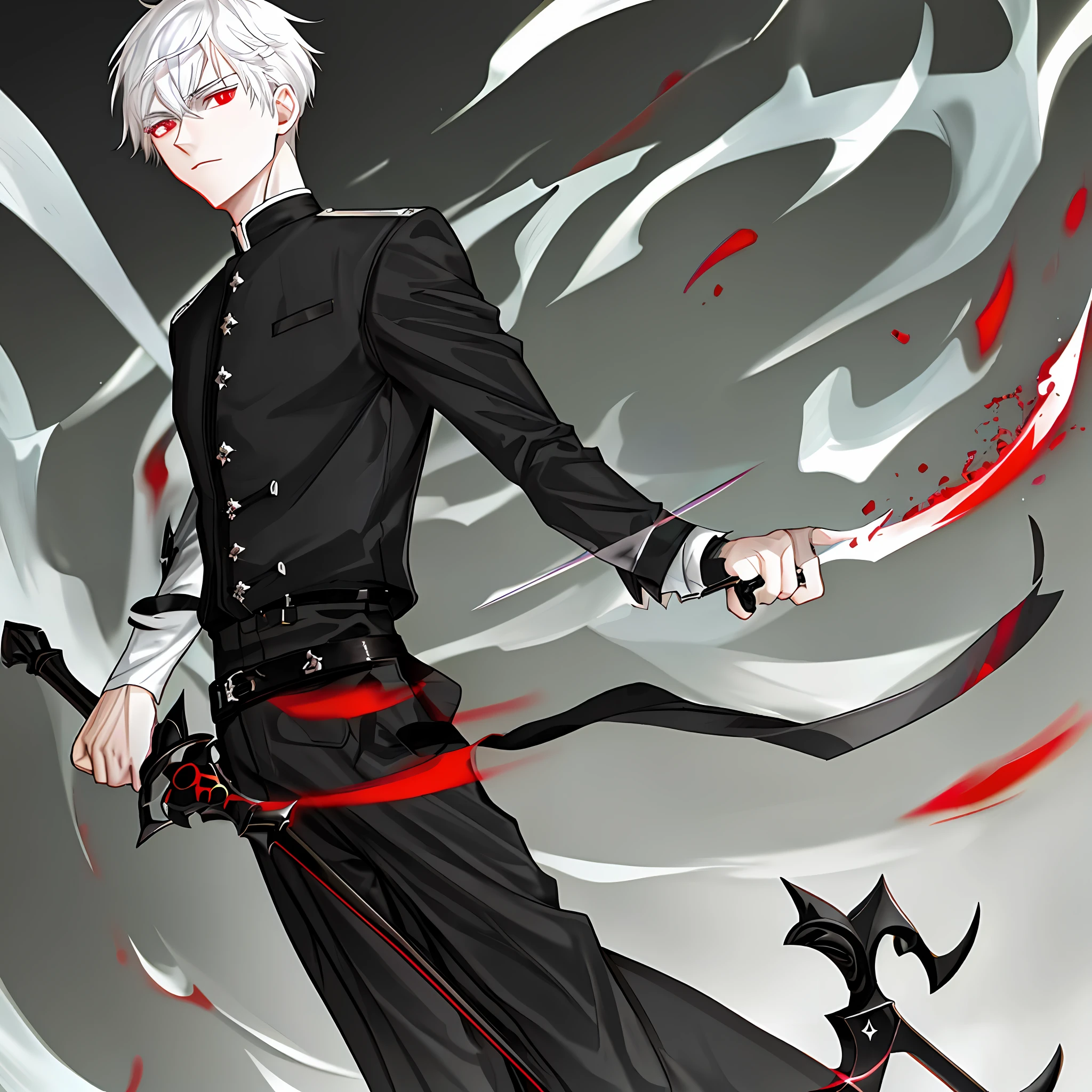 A young man with straight white hair, red eyes and pale skin, dressed in dark clothes, holding a black sword over corpses