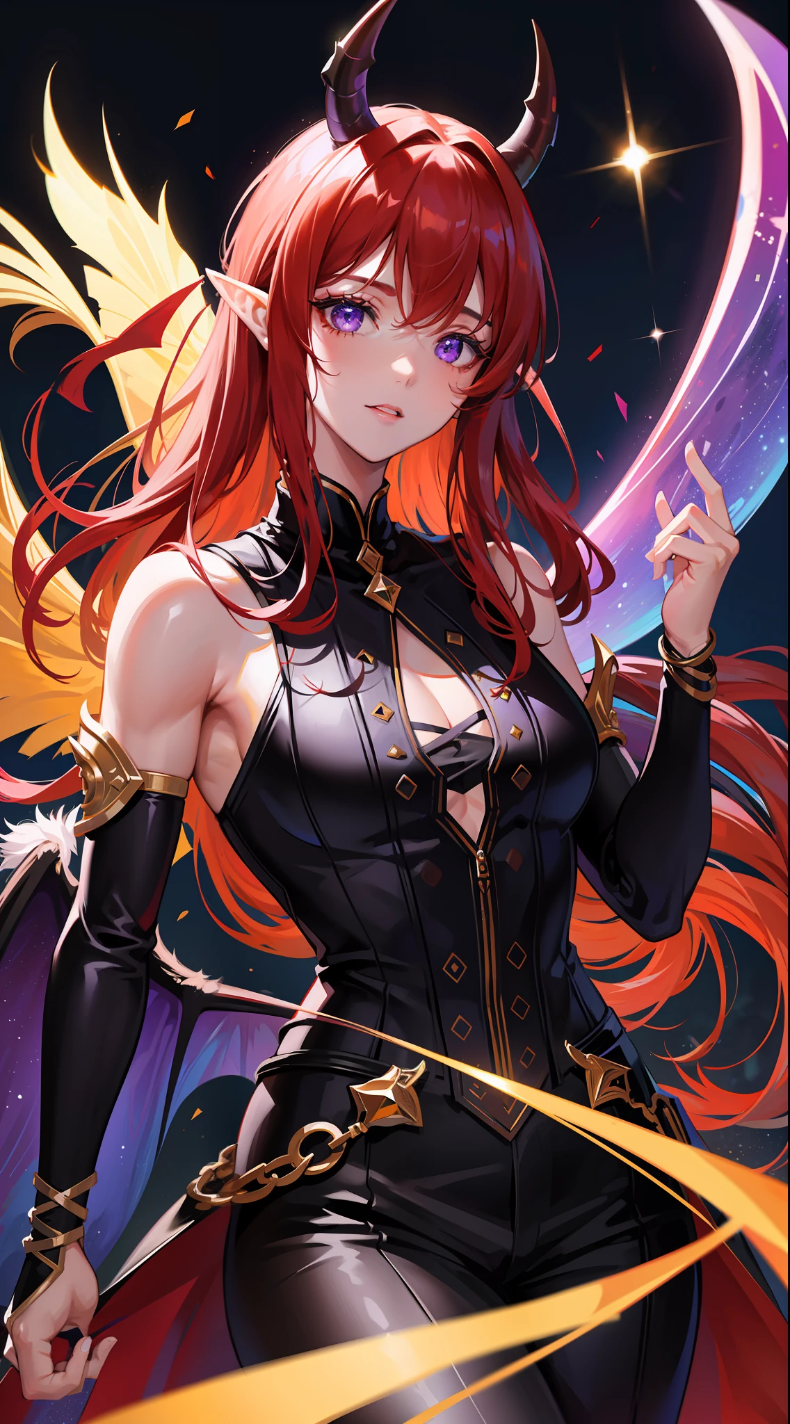 (absurdres, highres, ultra detailed), 1 male, adult, handsome, tall muscular guy, broad shoulders, finely detailed eyes and detailed face, red long hair, fantasy, complex pattern, detailed face, demon wings, lens flare, colorful, black clothes, bracelets and accessories, prism, glowing, glitter, particles, bloom, bright and gothic outlook, creative and adventurous spirit, represents happiness and harmony, elf ears, violet eyes, black horns