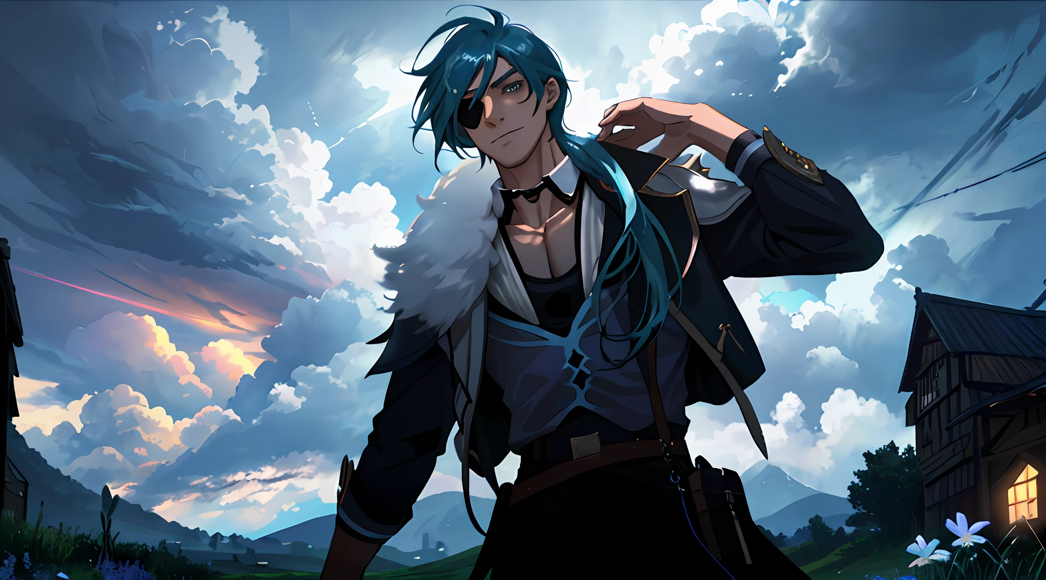 1male, kaeya, blue hair, eyepatch on right eye, expansive landscape photograph , (a view from below that shows sky above and open field below), a man standing on flower field looking up, stormy day (clouds:1.2), distant mountain, tree BREAK
production art, intricate details, volumetric lighting, realism BREAK
(masterpiece:1.2), detailed shadows, (best quality), 4k, ultra-detailed, (dynamic composition:1.4), highly detailed, colorful details,( iridescent colors:1.2), (glowing lighting, atmospheric lighting), dreamy, magical, (solo:1.2)
