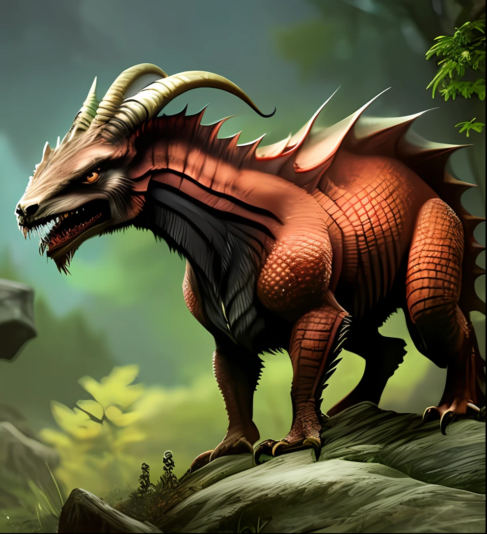 A kind of half-goat, half-lizard, with several fangs and sharp teeth. They are great cannibals, they usually live in the mountains. A creature with an outsized strength and loves to feed on meat. A danger to any kind of humanoid and beast. It usually sits quietly if well fed. RPG race, monster, quadruped, terrible and dark