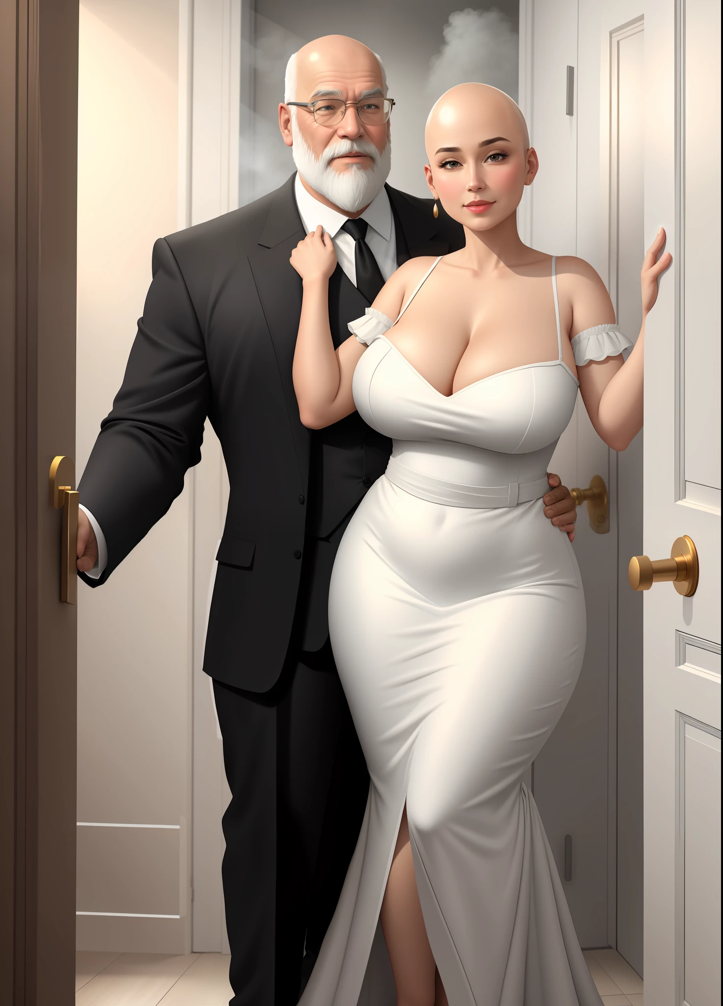 Full body image of two characters standing, a woman in a maid’s outfit, extremely sensual, with exaggeratedly large breasts, a bald old man with wrinkled skin and a large white beard wearing a black suit and tie. He is holding her from behind with force by the waist, she has her hand on the wall. They are at the entrance to the bathroom where you can see the shower open with hot water and steam coming out of the door. They are looking at the viewer, she is smiling, he is angry., anime, Realism, UHD, 16k, masterpiece, high details, best quality, anatomically correct, 16k, best quality, high details, masterpiece, UHD