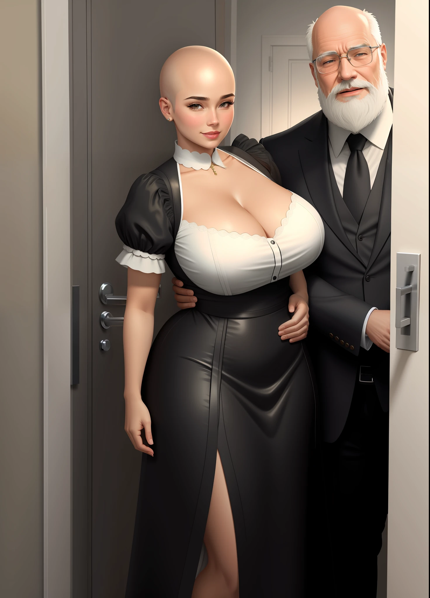 Full body image of two characters standing, a woman in a maid’s outfit, extremely sensual, with exaggeratedly large breasts, a bald old man with wrinkled skin and a large white beard wearing a black suit and tie. He is holding her from behind with force by the waist, she has her hand on the wall. They are at the entrance to the bathroom where you can see the shower open with hot water and steam coming out of the door. They are looking at the viewer, she is smiling, he is angry., anime, Realism, UHD, 16k, masterpiece, high details, best quality, anatomically correct, 16k, best quality, high details, masterpiece, UHD