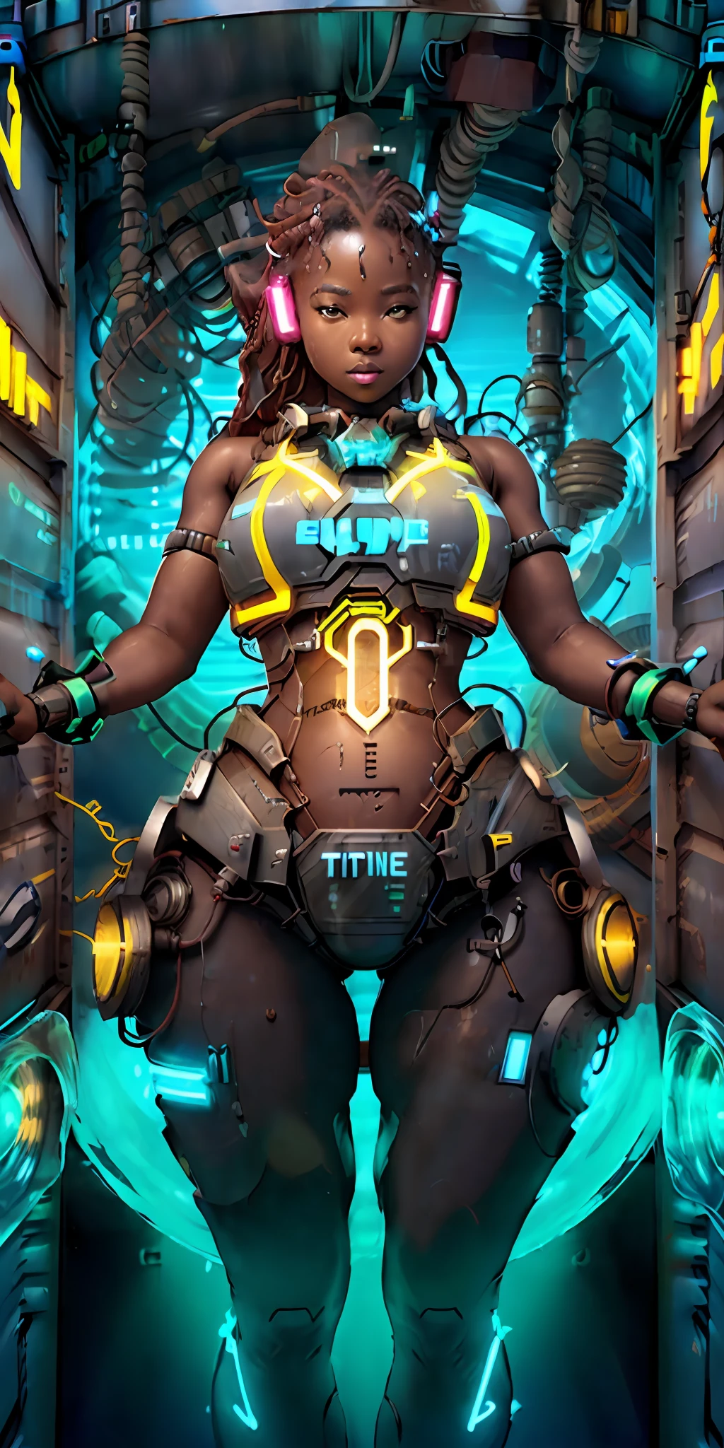 (in_container, stasis_tank:1.3), African Goddess jiggly fat round belly voluptuous body, she is a alien in water, glowing water, led lights, neon light strips,