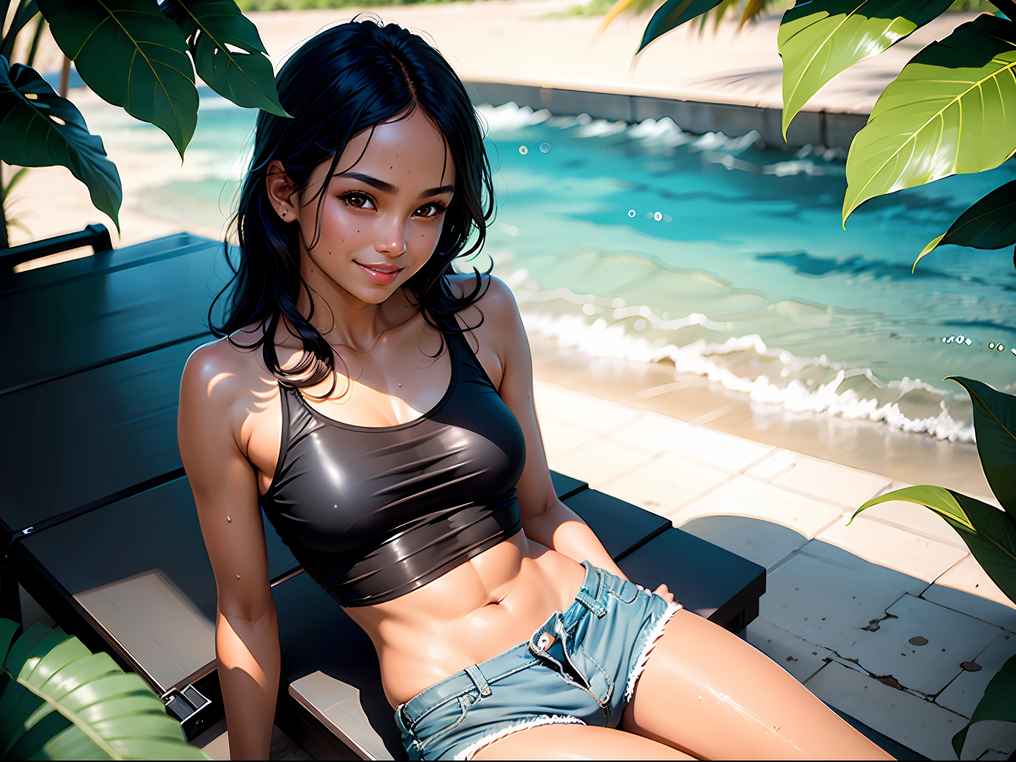 tanned skin,skiny,slim,bikini,short pants,double, delicate eyes, realistic drawing, glossy skin, sweat, looking at this, smile, black hair, sheer shirt, tropical country, sweat, summer, fun