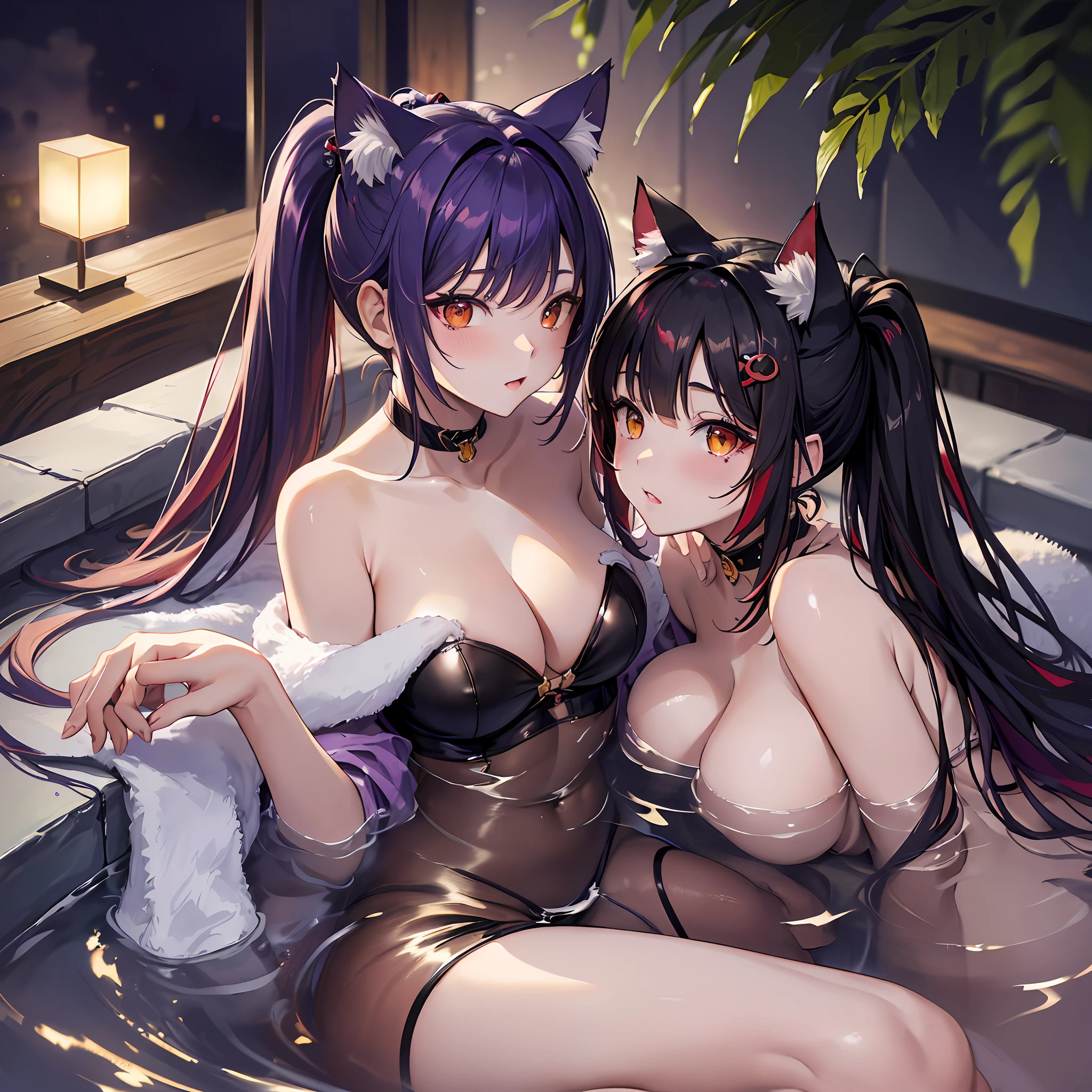 masterpiece, high resolution, high quality, open-air bath, night, 2 girls, (bath towel, purple hair ornament, big, cat ears, red eyes, black hair, ponytail), seduction, (bath towel, red hair ornament, big, cat ears, yellow eyes, white hair, twin tails), hehundred, kiss,