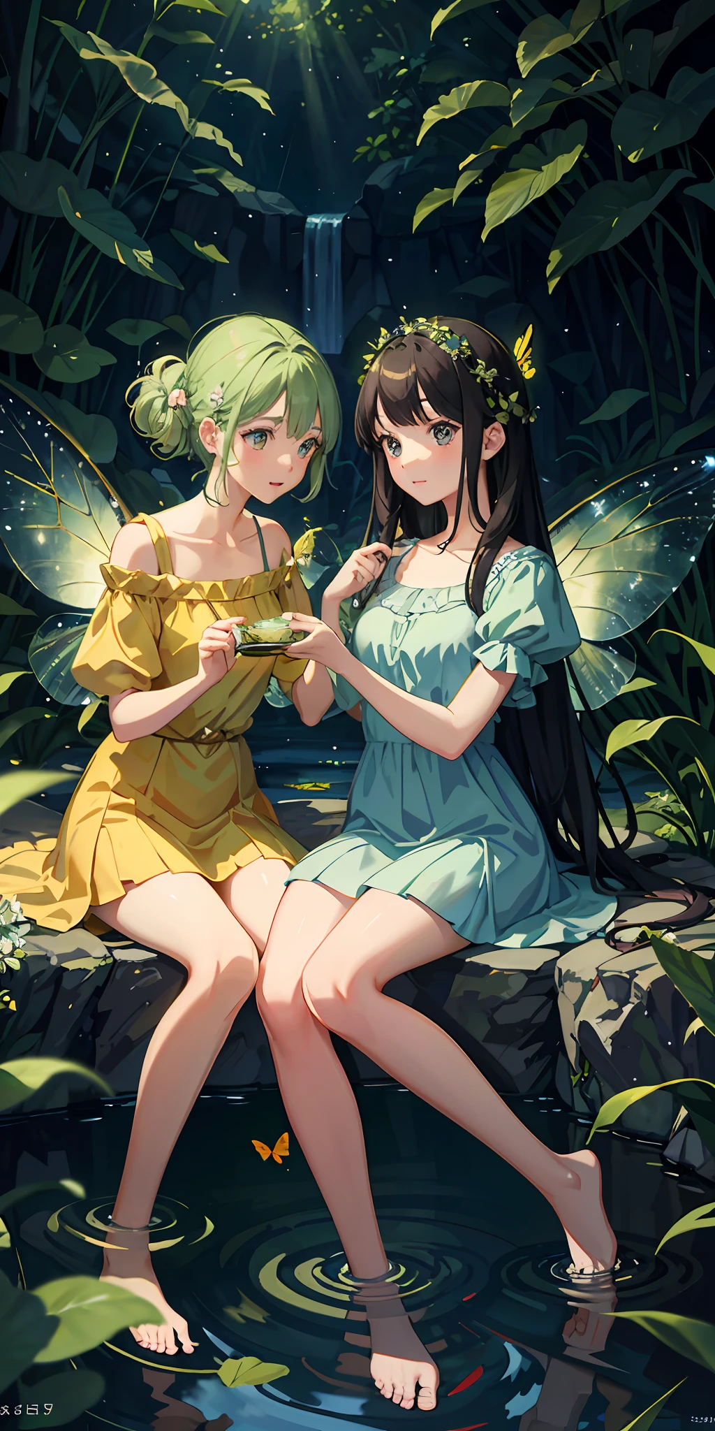 masterpiece, fairies playing in a pond in the forest, fireflies, butterflies, pixiedust, sunny, studio ghibli style, highly intricate, highly detailed, photorealism style
