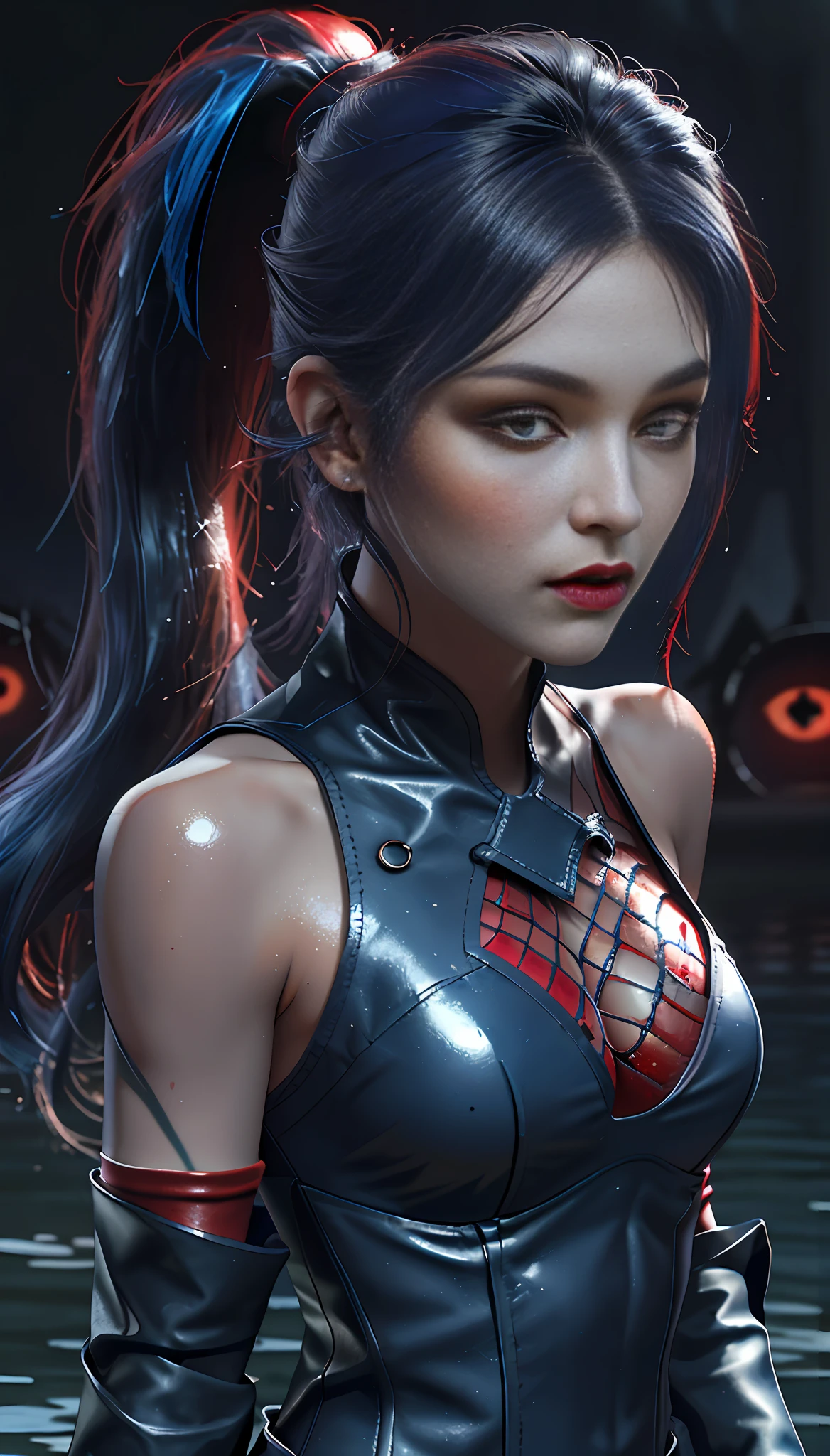 Perfect waist cut, Large breasts, Warrior girl with a small short sword on hand, Skimpy leather glossy clothes, organza elements on clothes, dark blue hair with red highlights, (perfect nose), Seductive gaze, dark blue high boots on high heels with red highlights, (Best Illustration), 8k Resolution, Intricate Details, Best Quality, Realistic, Ultra Detailed, Best Lighting, Best Shadows, Ultra HD, A Necromancer style, Night, Magic, Dark Style, Vampire, (shining red eyes:1.6), masterpiece, high_res, Beautiful face, tyndall effect, photo realistic, (high detailed skin:1.2), 8k uhd, dslr, high quality, Photograph, high resolution, 4k, 8k, Bokeh, absurdres, ponytail contorted, best ratio four finger and one thumb, front view, dark blue hair gorgeous, perfect proportional skinny fitness body, full body view, wet skin, wet clothes, dark cathedral baground scenery, huge bobs, belly muscle, long fit perfect legs, fishnet dark red Stockings, realistic reflection in the water