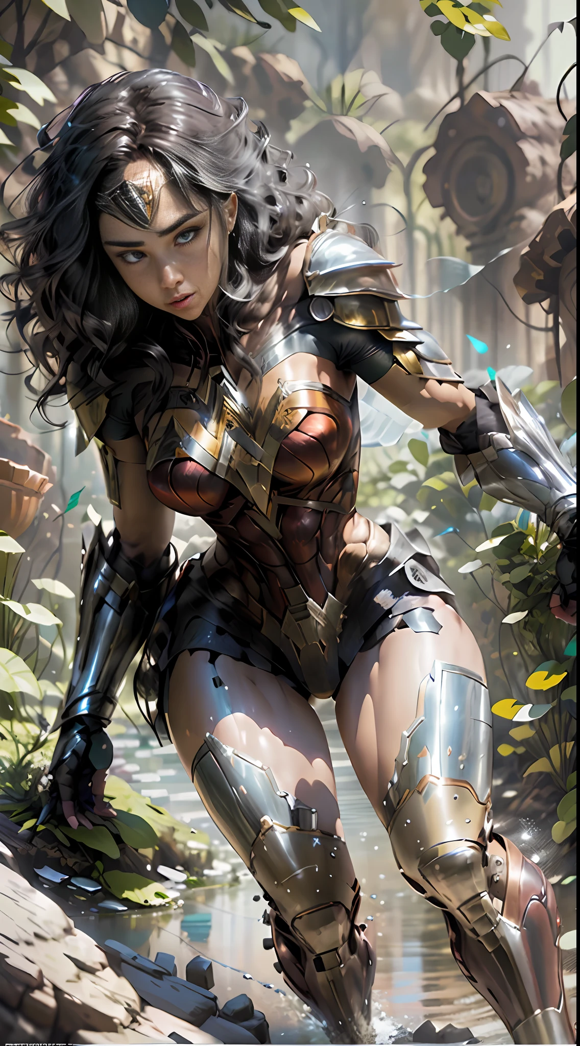 raw, cinematic, realistic, amazing, absurdly detailed, reflective and bright armor, super detailed environment, ultrasharp, particles, vivid colors, (1Wonder Woman), voluminous and floating hair