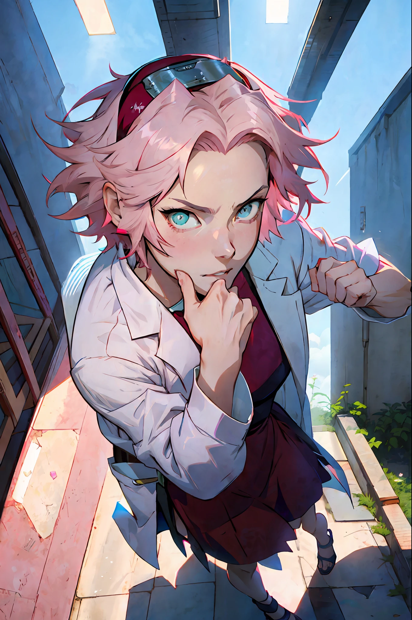Sakura, woman, ((solo)), beautiful woman, seducer, ((Asiatic)), ((forehead to show)), standing, wearing lab coat in a hospital, sexy eyes, red dress, forehead to show, beautiful, cute, pink hair, delicate, young, short hair, full body, sexy lips, from League of Legends, trend in artstation, by rhads, andreas rocha, rossdraws, makoto shinkai, laurie greasley, lois van baarle, ilya kuvshinov and greg rutkowski