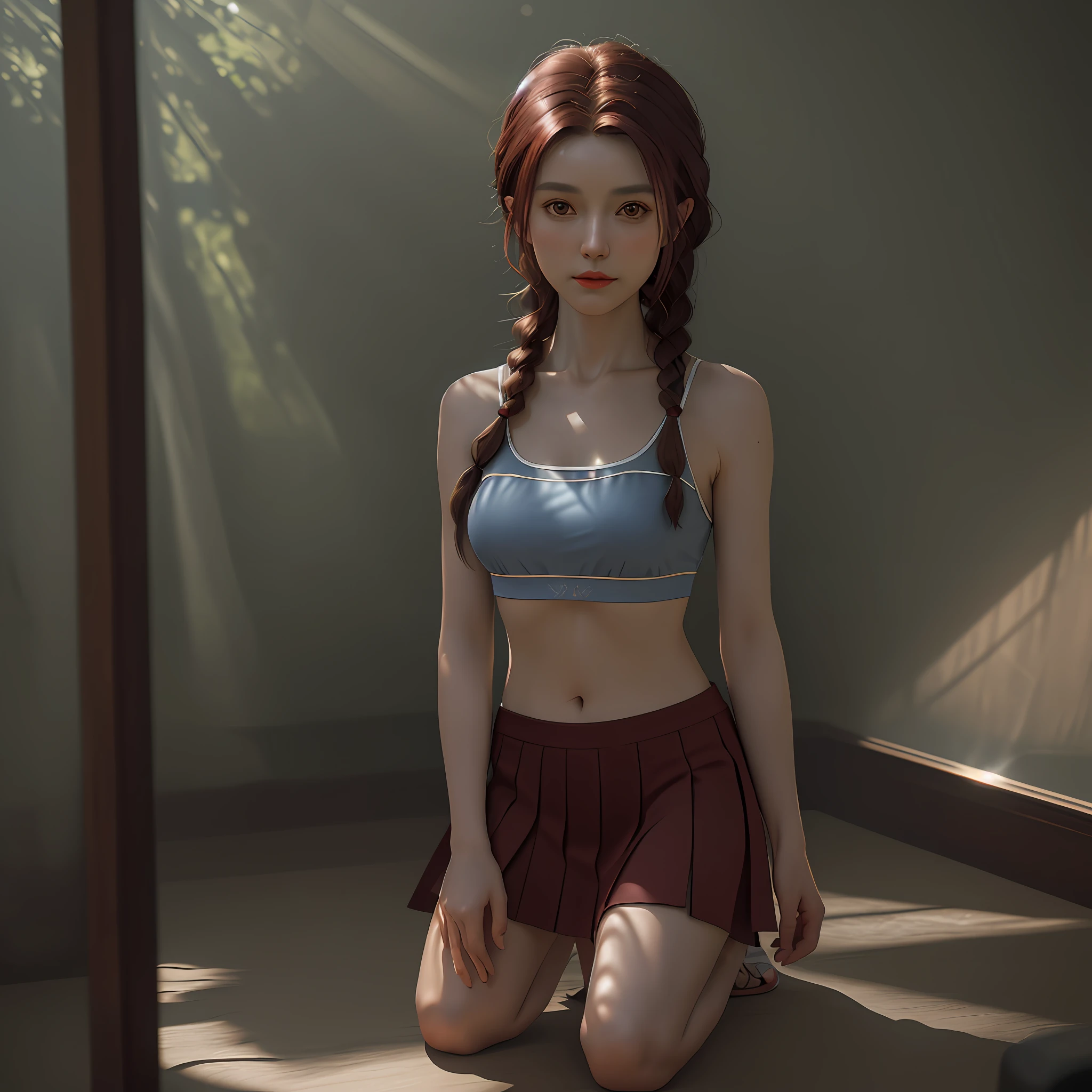 ((old woman)), ((European)), dark red hair, two braids, very thin, collarbone, belly button, round breasts, microskirt, cropped top, semi-transparent, arms behind the head, shy, ((looking at the viewer)), (kneeling: 1.4), (groin: 1.7), (groin: 1.5), Venus cleft, (cameltoe), natural light, extremely detailed, 8yk, raw photo, high level of detail, (ray tracing), (masterpiece), (best quality), high resolution, (realistic: 1.4), physically based representation,  ultra-realistic, full body