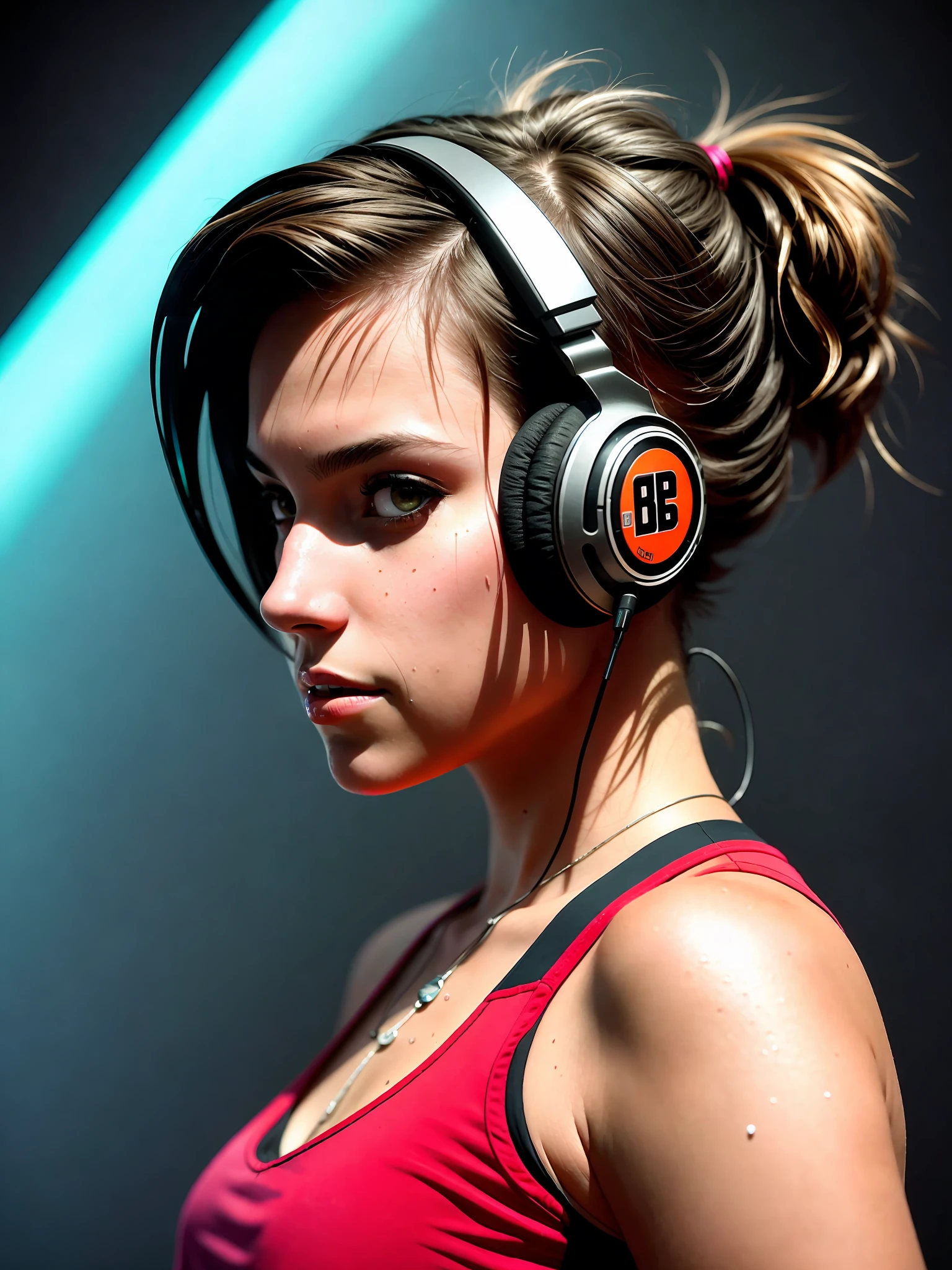 ssdarts a female dj with headphones, performing live on stage on a vintage synth, dynamic pose, extatic, sweaty skin, sweaty clothes,wet short hair, sweaty armpits, smile, red logo on her chest ,dark athmosphere,low angle shot, crepuscular rays, Hyper-Realistic, Hyper-Detailed, best quality masterpiece, photorealistic, detailed, sharp focus, 8k, HDR, shallow depth of field, broad light, high contrast, backlighting, bloom, chromatic aberration, sharp focus,Artgerm, Greg Rutkowski, 35mm