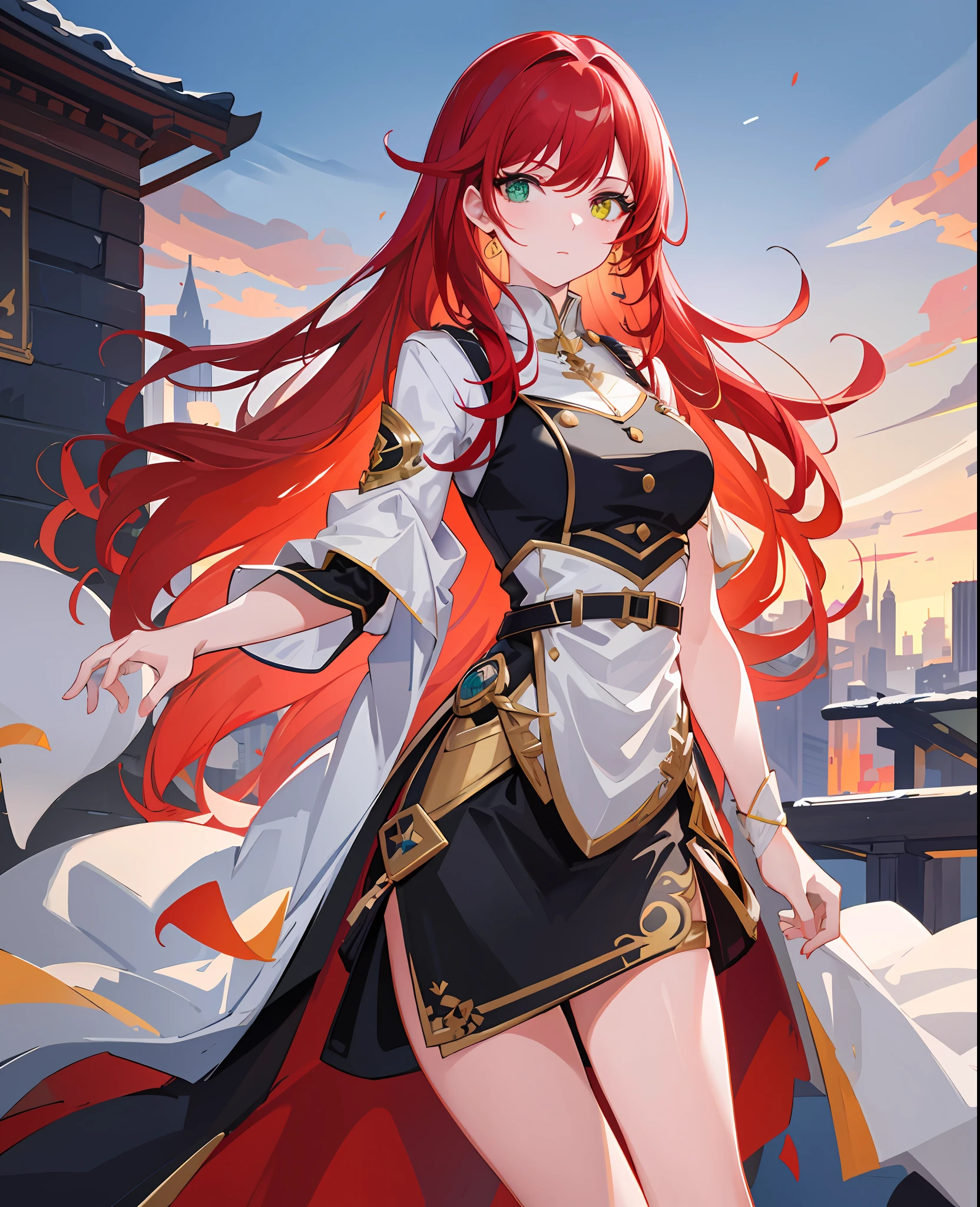 masterpiece, ultra-detailed, best quality) Medical woman with red hair and heterochromia. Left yellow eye and right green eye. Contemplating the skyline at the top of the building. Alone, her figure merges with the elegant cityscape.