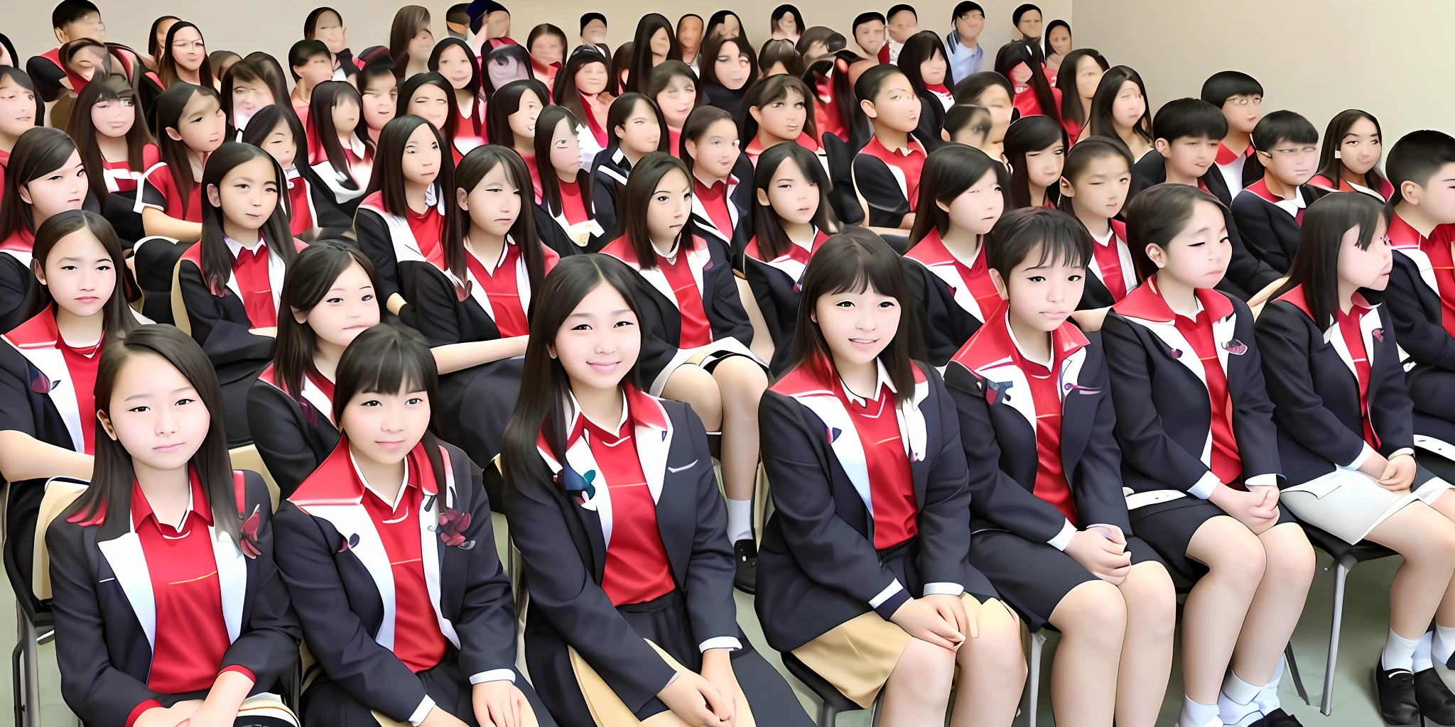 Graduation photos of , a total of 20 boys and 22 girls group photos, among which a woman in the front row is different wearing red clothes, with a clear face, and teachers of various subjects, including Chinese teachers, mathematics teachers, physics teachers, English teachers, class teachers, school leaders, tele lenses, wide-angle lenses, high quality