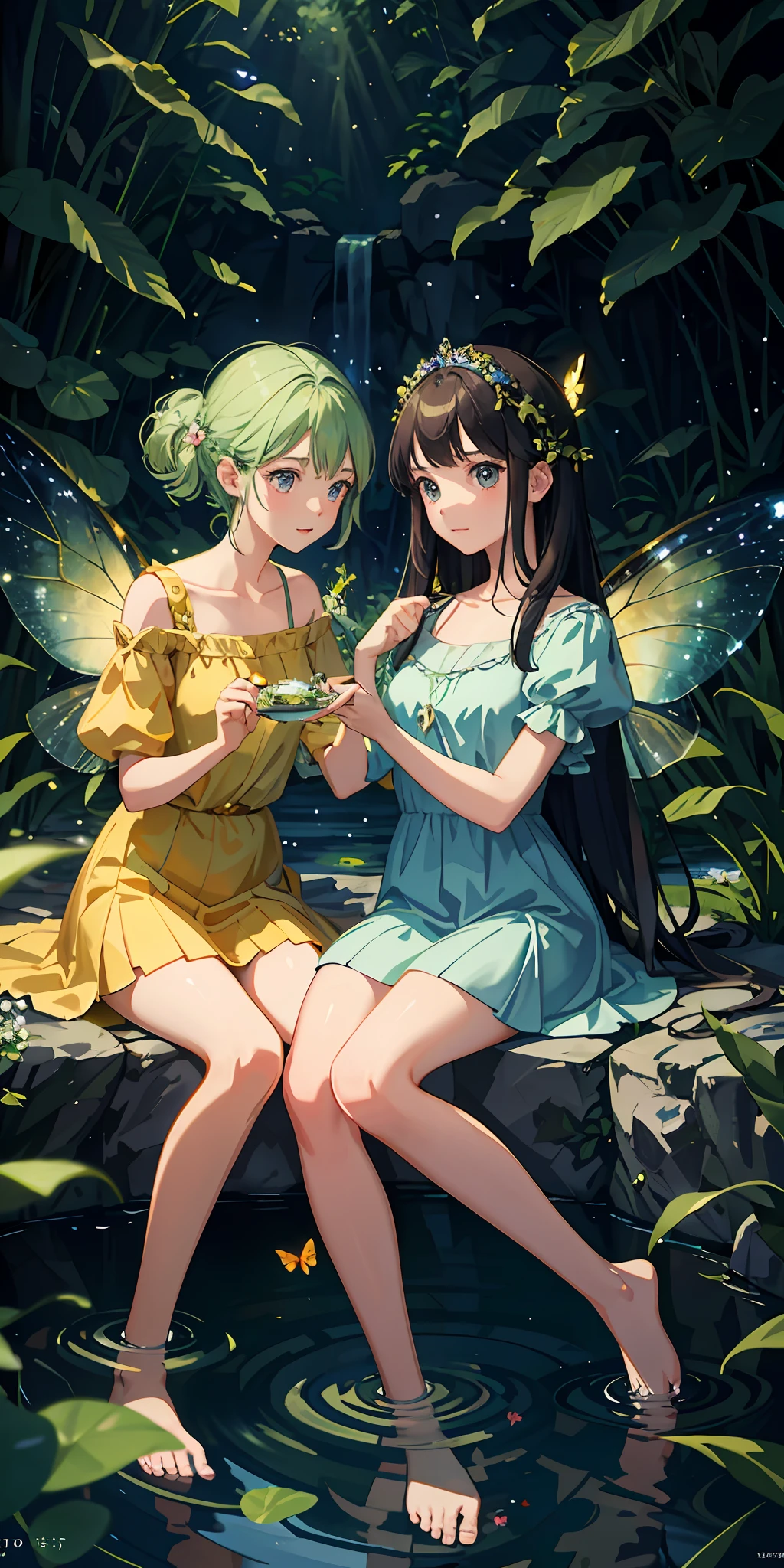 masterpiece, fairies playing in a pond in the forest, fireflies, butterflies, pixiedust, sunny, studio ghibli style, highly intricate, highly detailed, photorealism style