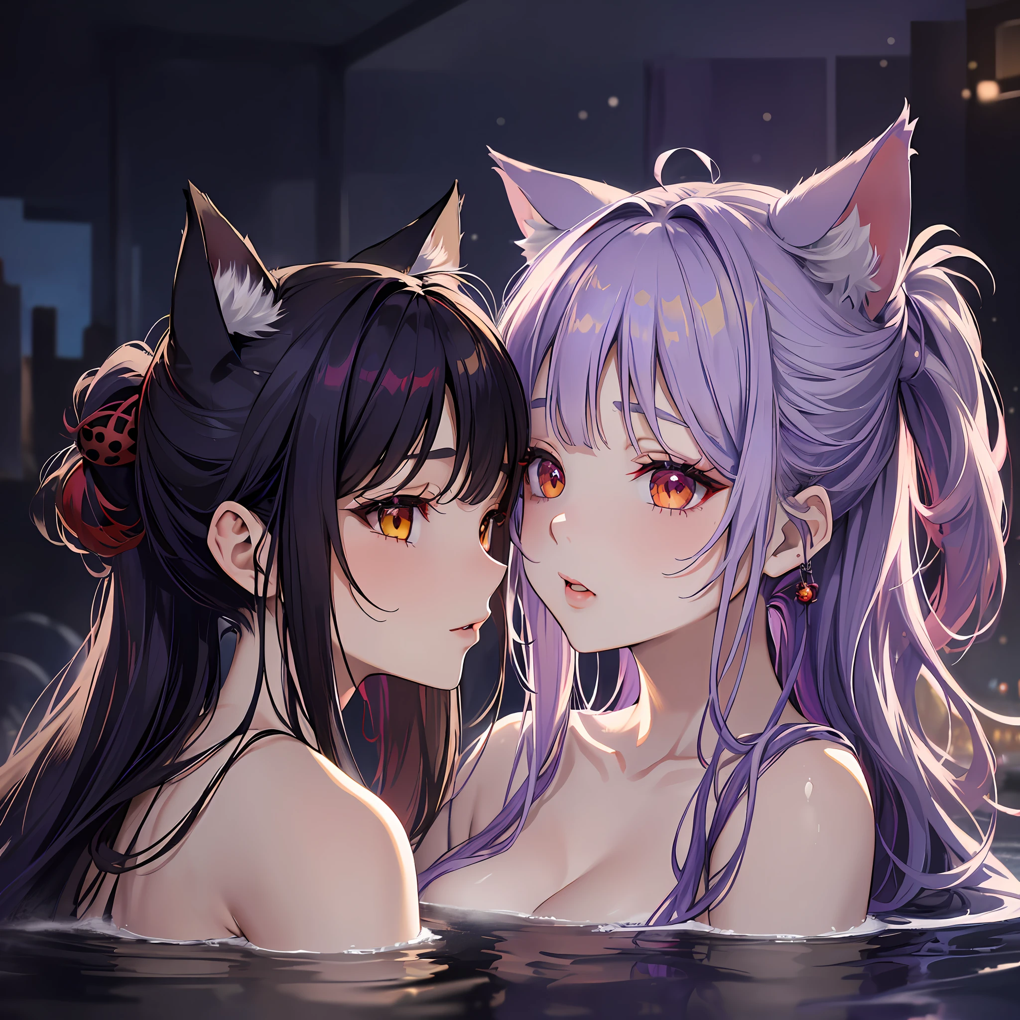 masterpiece, high resolution, high quality, open-air bath, night, 2 girls, (bath towel, purple hair ornament, big, cat ears, red eyes, black hair, ponytail), seduction, (bath towel, red hair ornament, big, cat ears, yellow eyes, white hair, twin tails), NSFW, gohku, kiss,