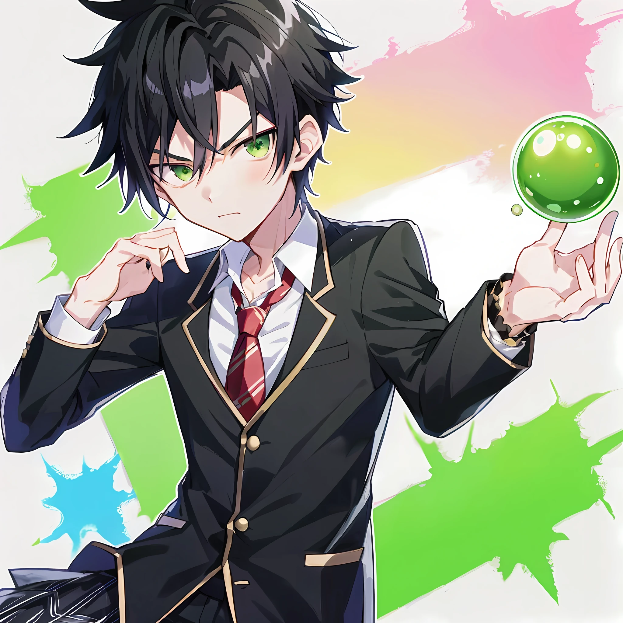 anime boy in a suit holding a green ball in his hand, inspired by Okumura Masanobu, fukaya yuichiro, anime moe artstyle, inspired by Okumura Togyu, handsome anime pose, handsome guy in demon slayer art, handsome japanese demon boy, shigenori soejima illustration, dapper dream demon, key anime art, official art